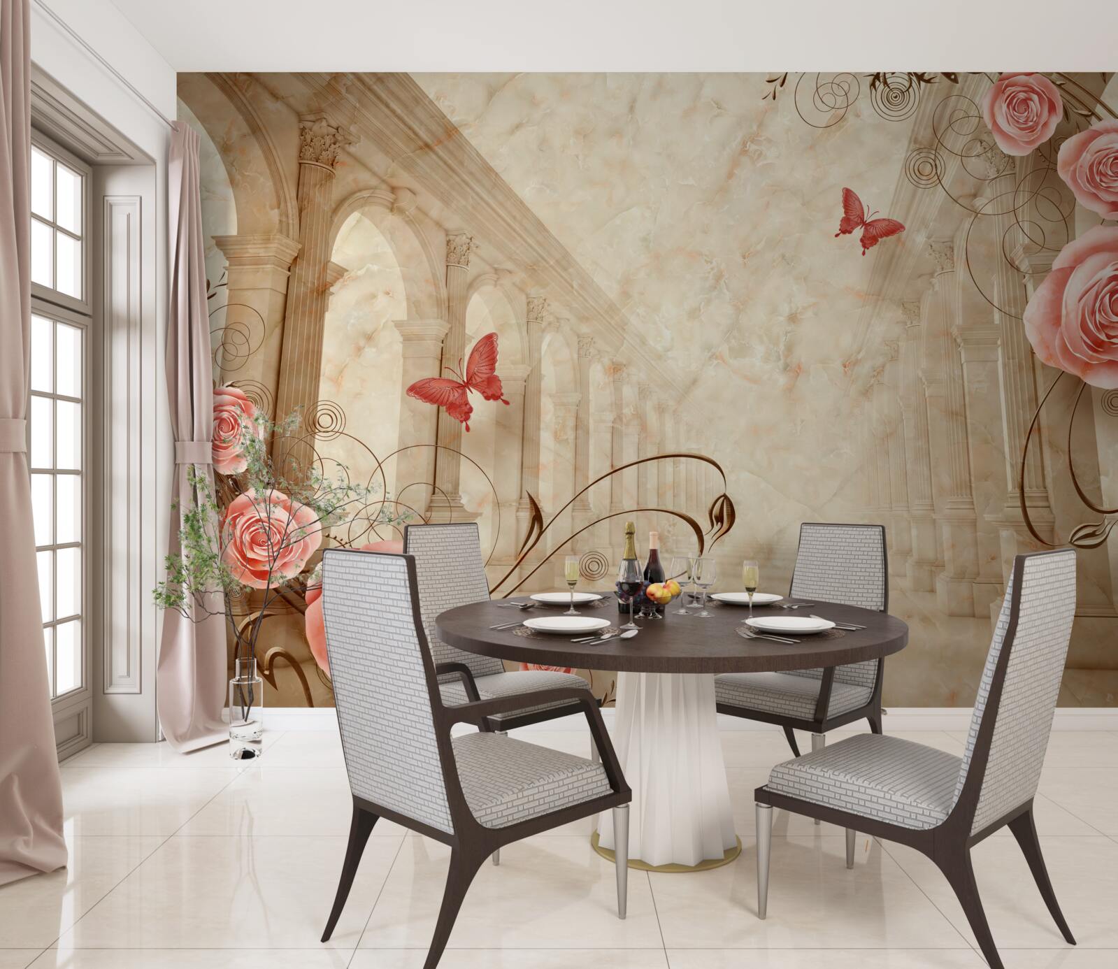 Fototapeta v pozadí oblúkov sú motýle a ružové ruže