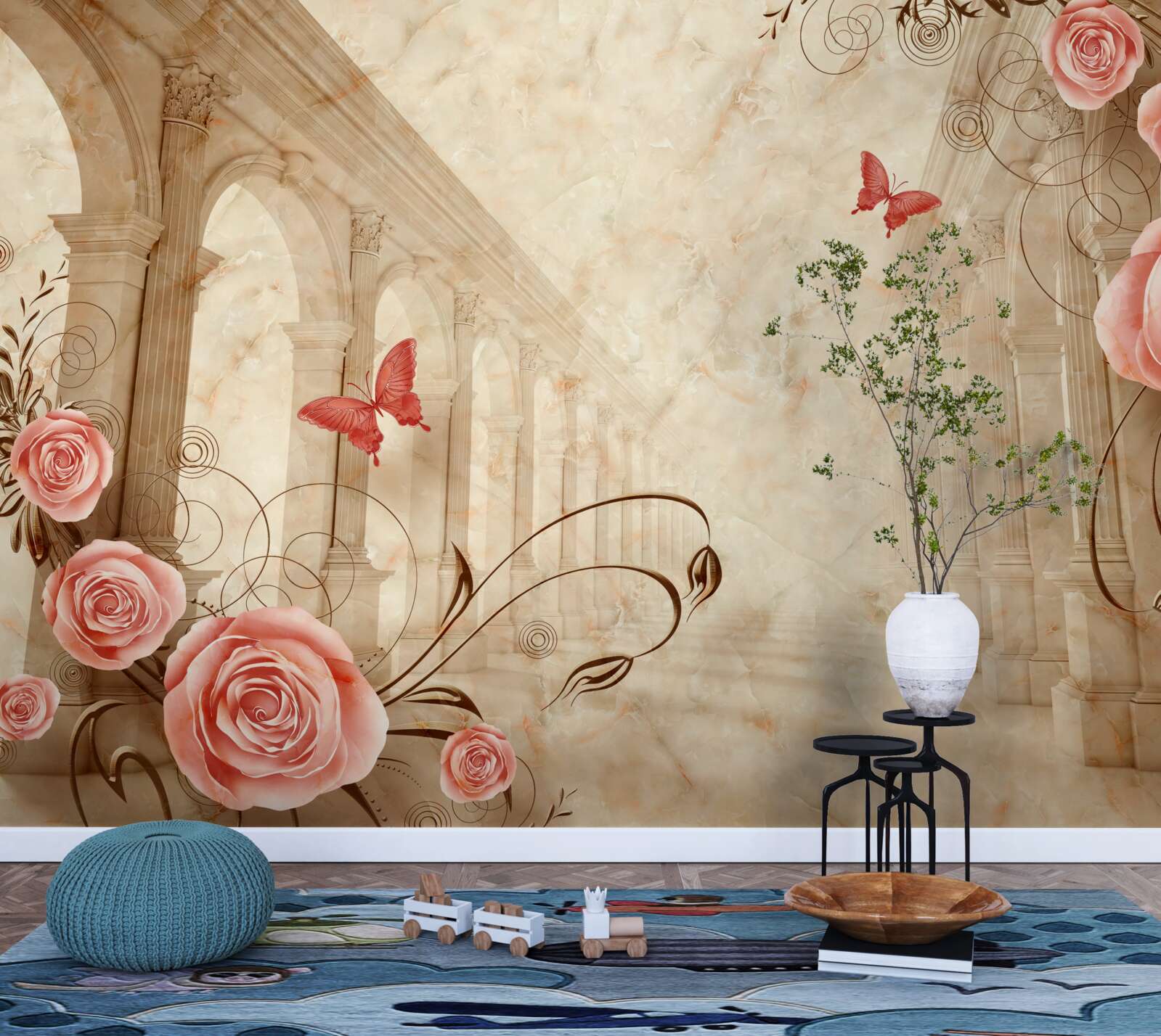Fototapeta v pozadí oblúkov sú motýle a ružové ruže