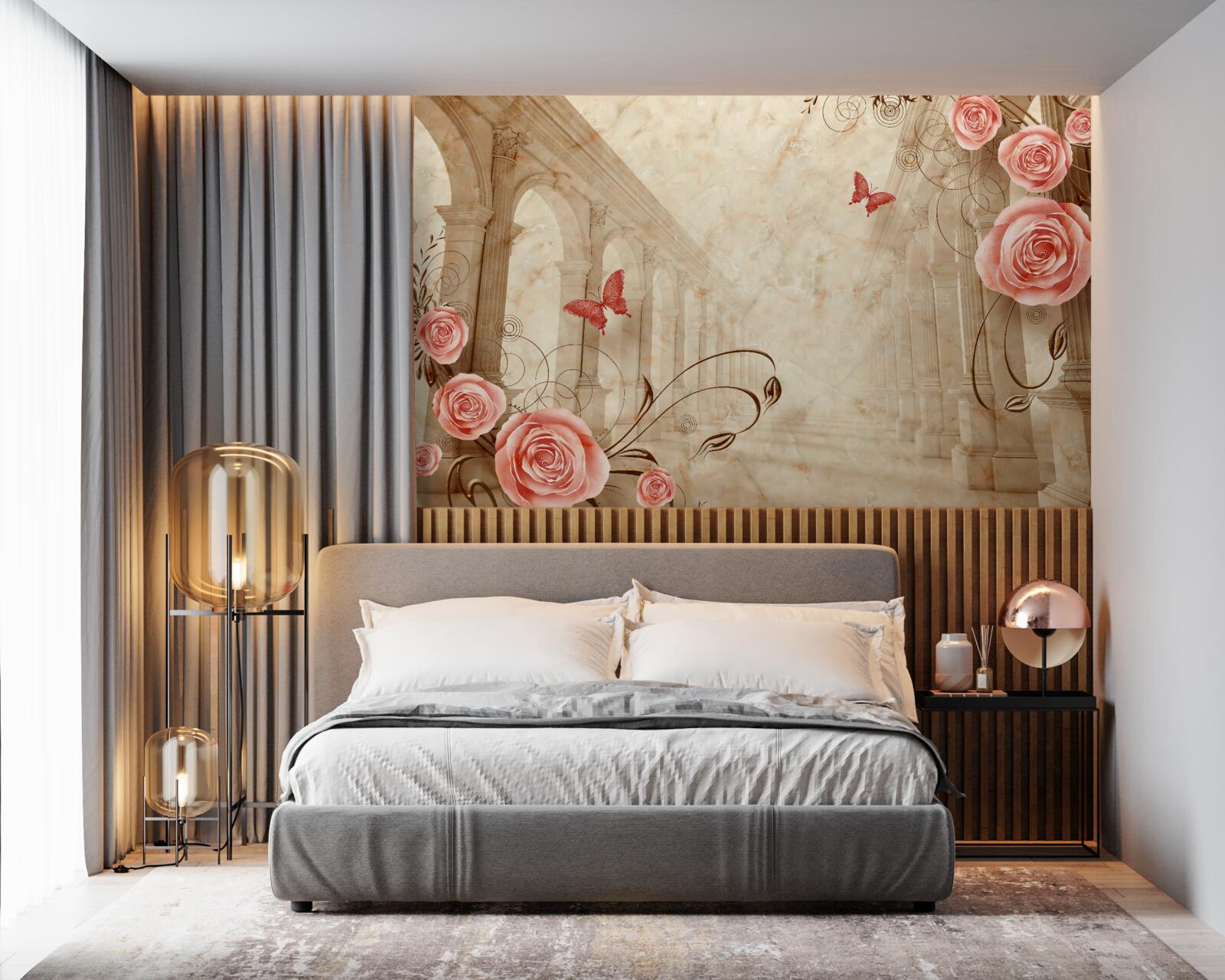 Fototapeta v pozadí oblúkov sú motýle a ružové ruže