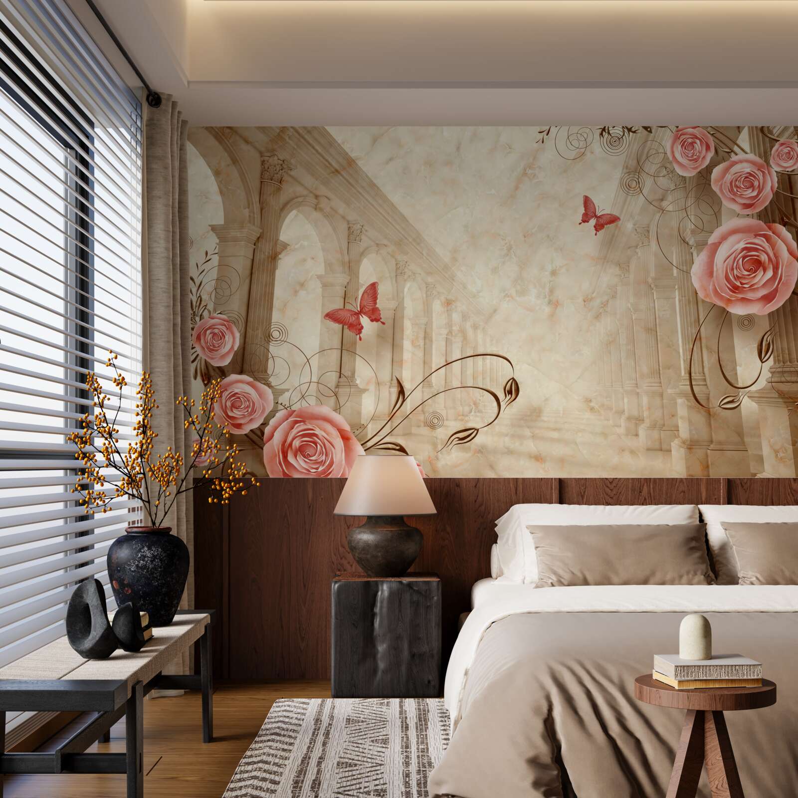 Fototapeta v pozadí oblúkov sú motýle a ružové ruže