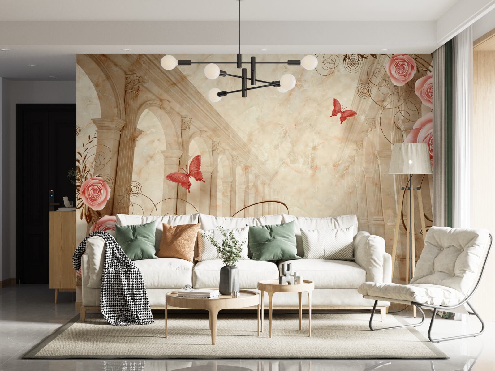 Fototapeta v pozadí oblúkov sú motýle a ružové ruže