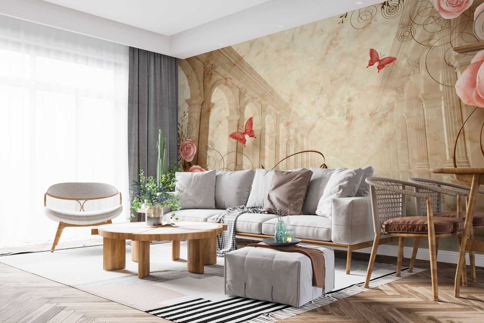 Fototapeta v pozadí oblúkov sú motýle a ružové ruže