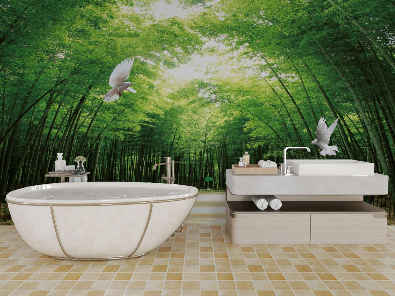 Fototapeta vstúpte do botanickej záhrady, upravenej a obývanej holubmi