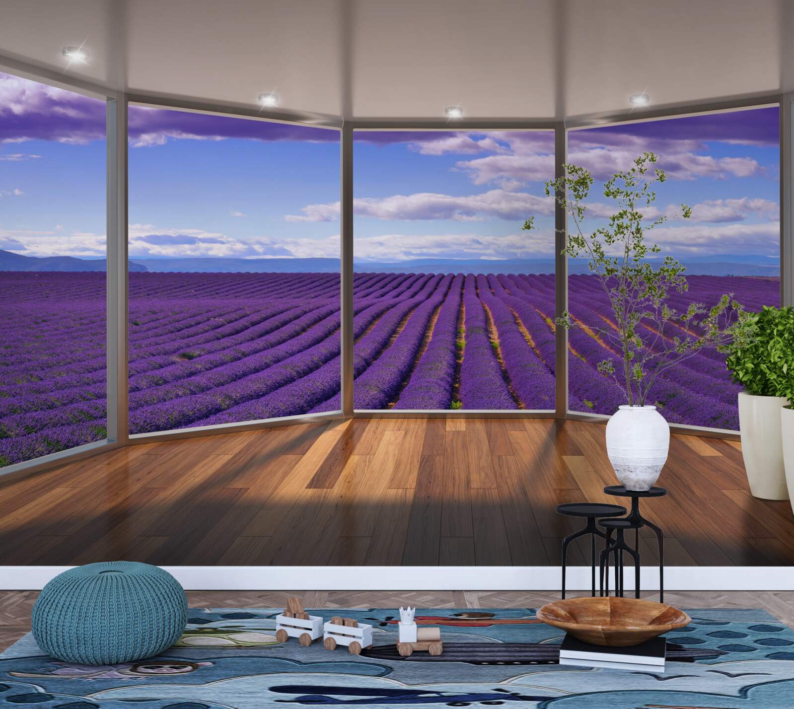 Fototapeta výhľad na levanduľové pole priamo z balkóna