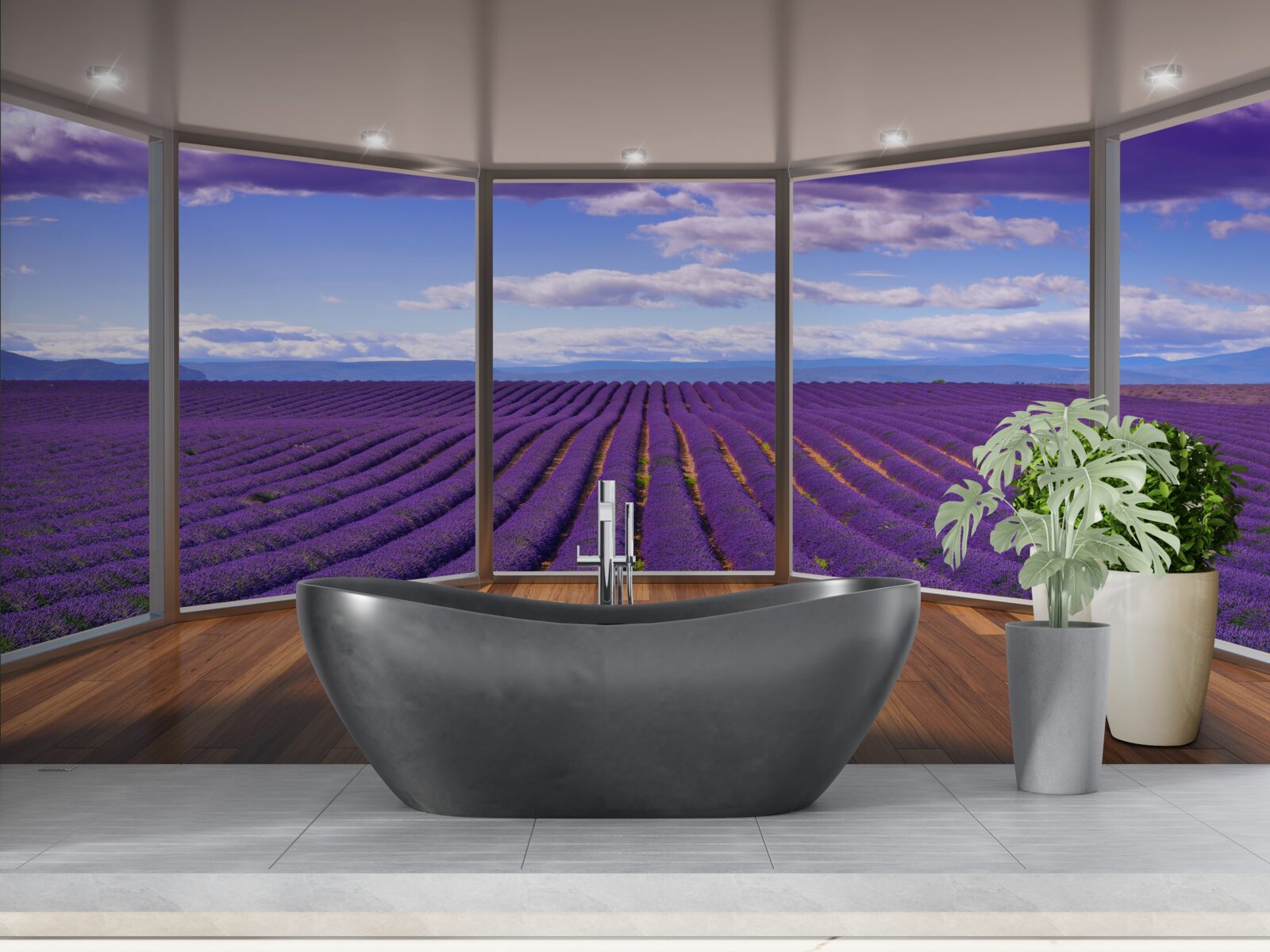 Fototapeta výhľad na levanduľové pole priamo z balkóna