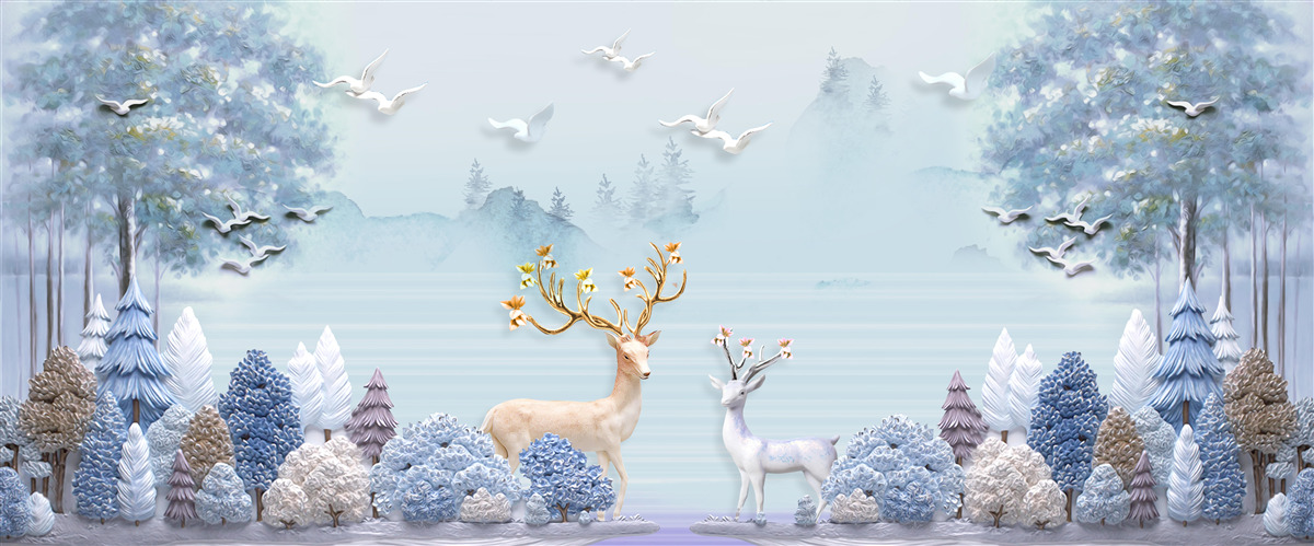 Fototapeta medzi stromami a horami sú jelene na pastvine