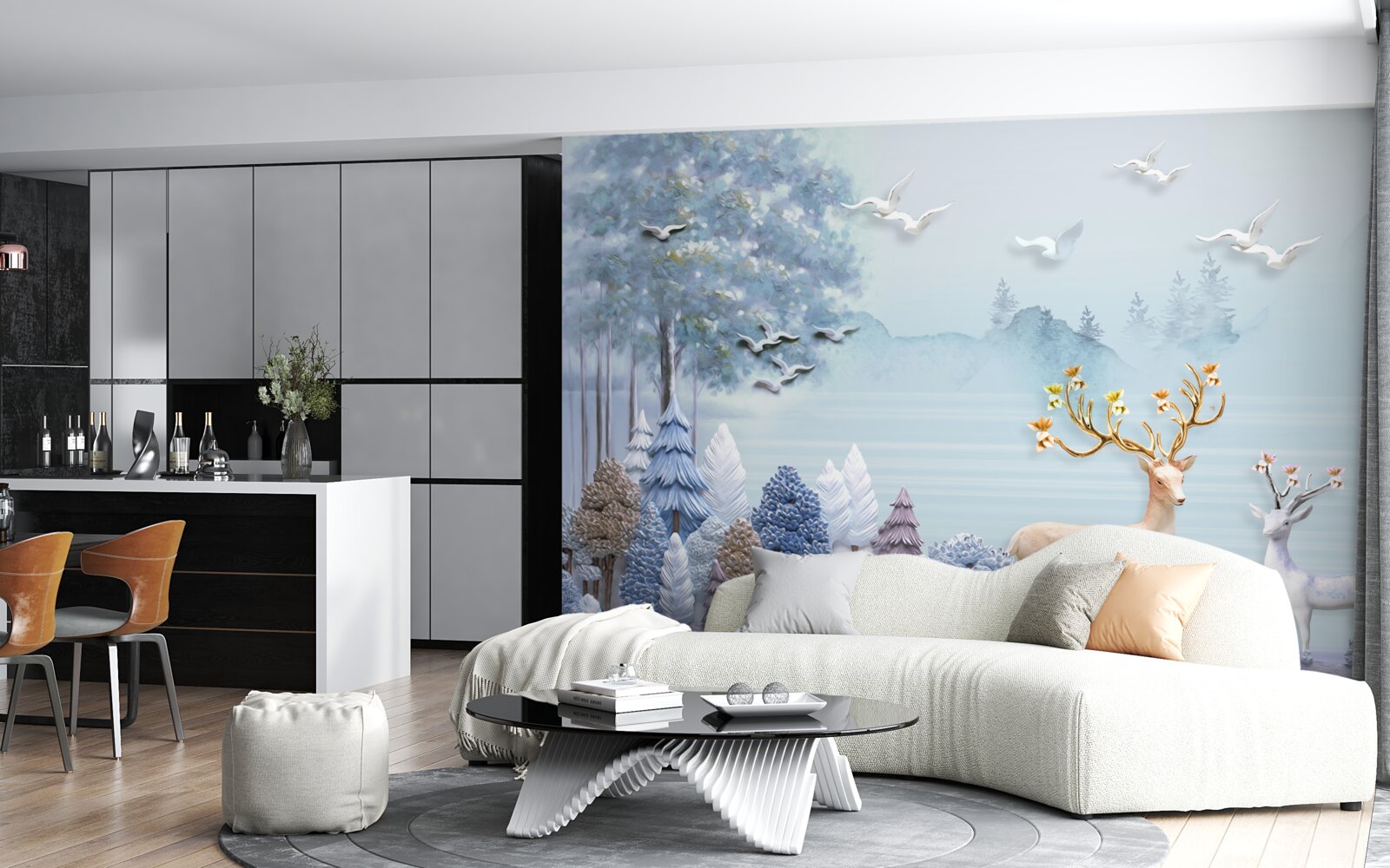 Fototapeta medzi stromami a horami sú jelene na pastvine