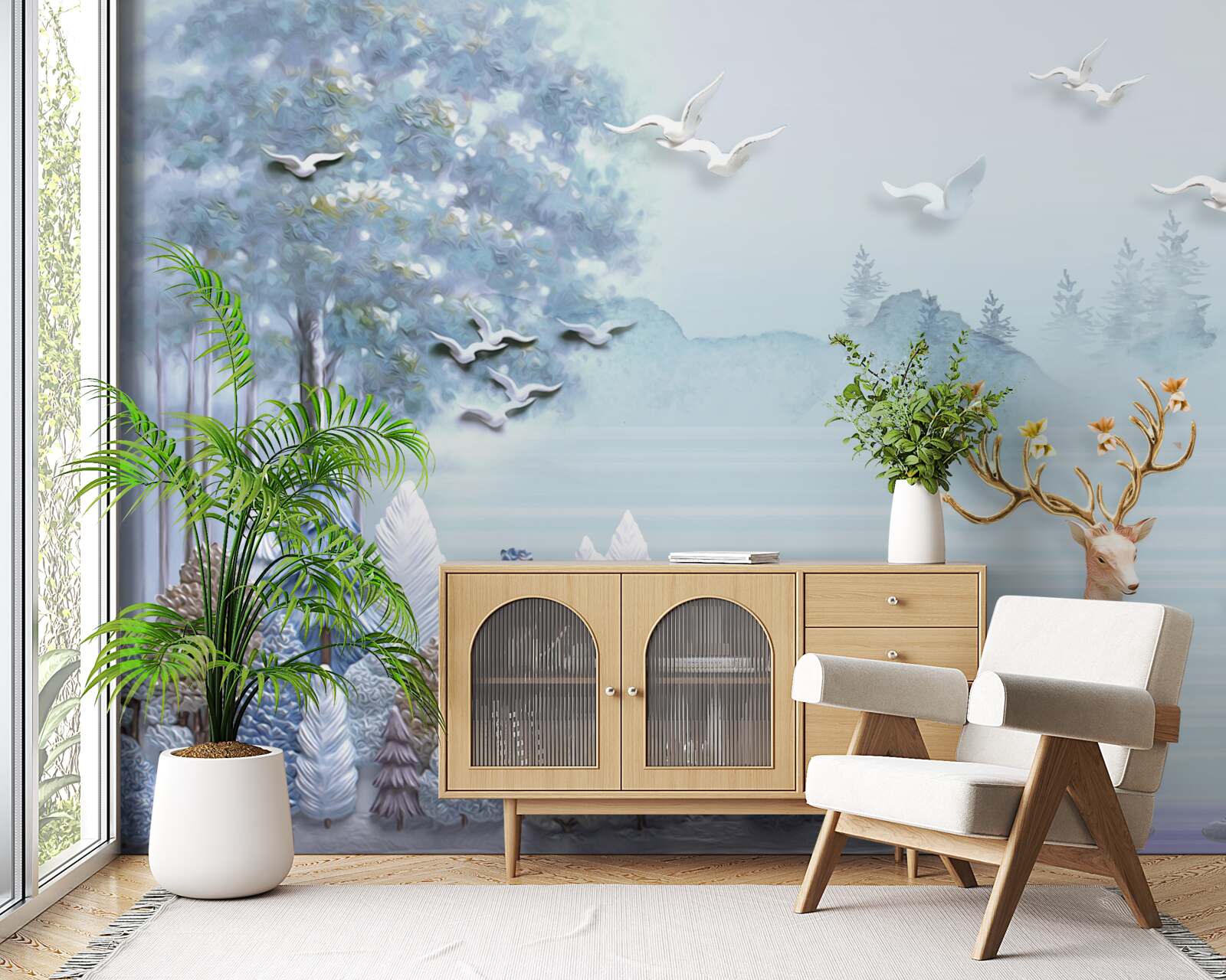 Fototapeta medzi stromami a horami sú jelene na pastvine