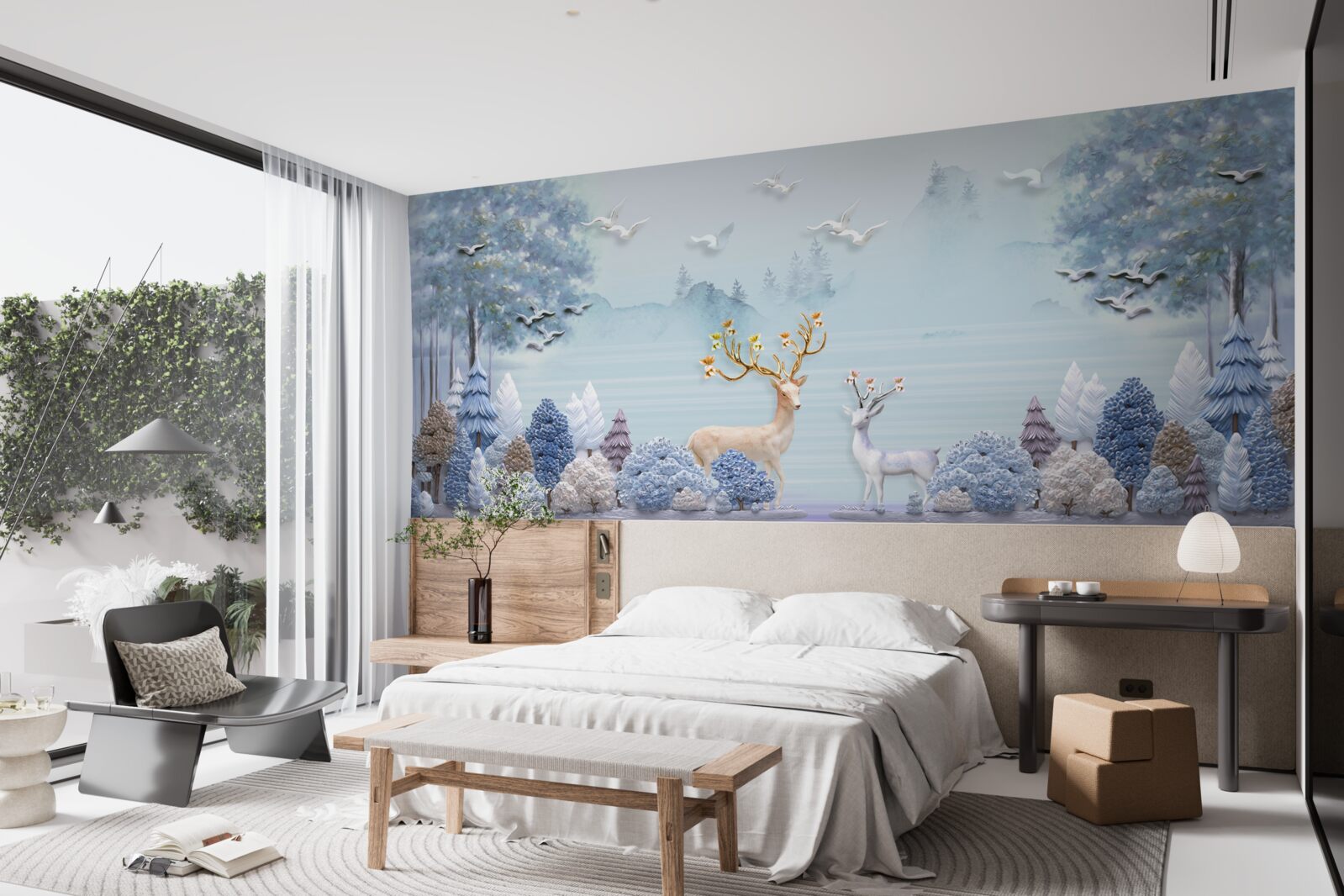 Fototapeta medzi stromami a horami sú jelene na pastvine