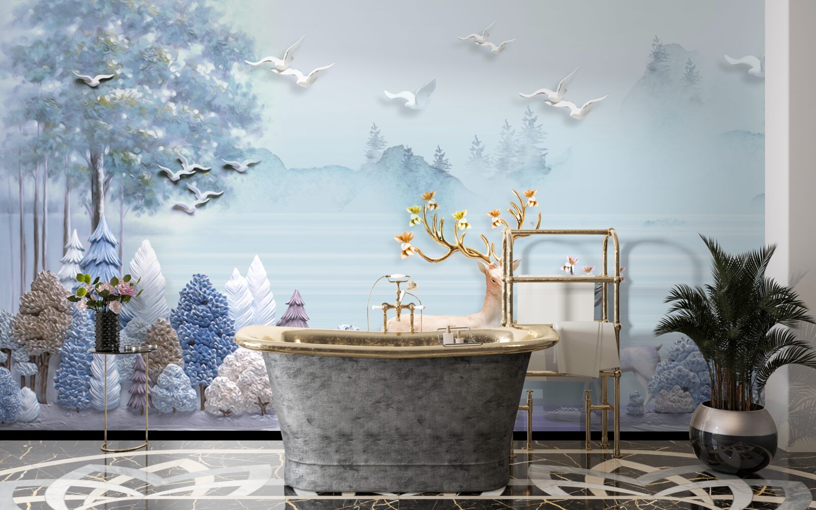 Fototapeta medzi stromami a horami sú jelene na pastvine