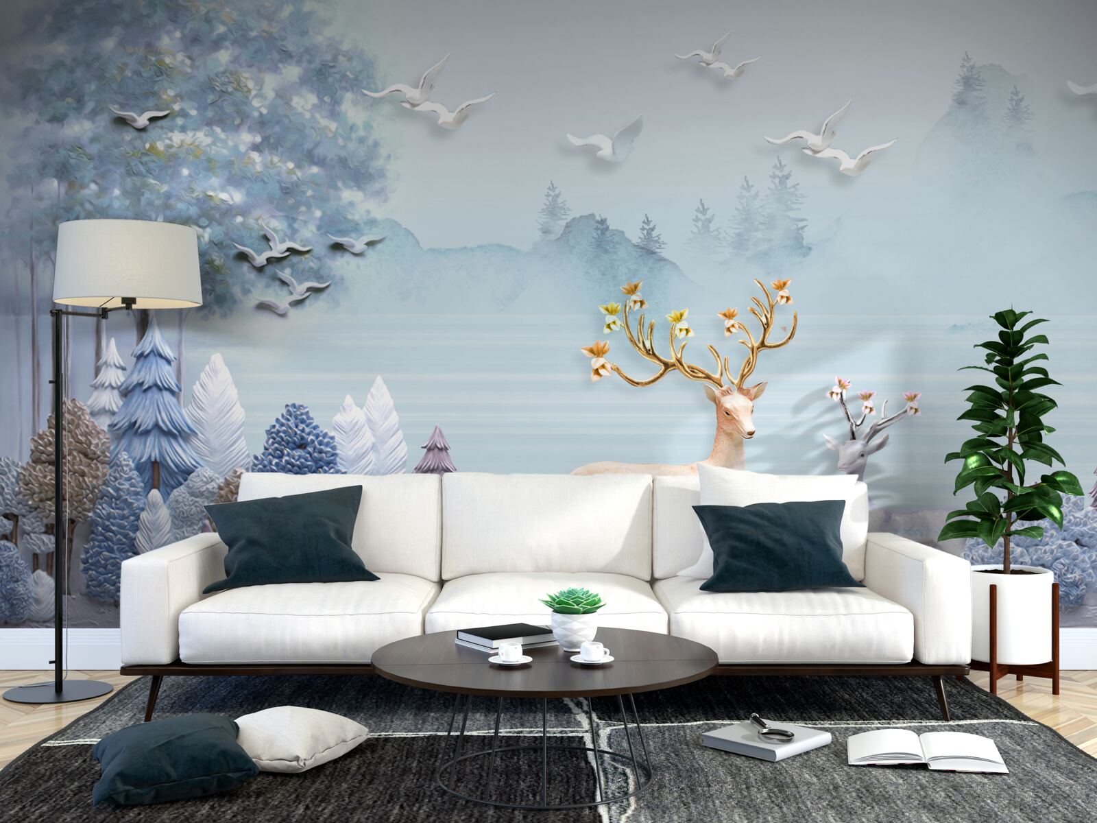 Fototapeta medzi stromami a horami sú jelene na pastvine