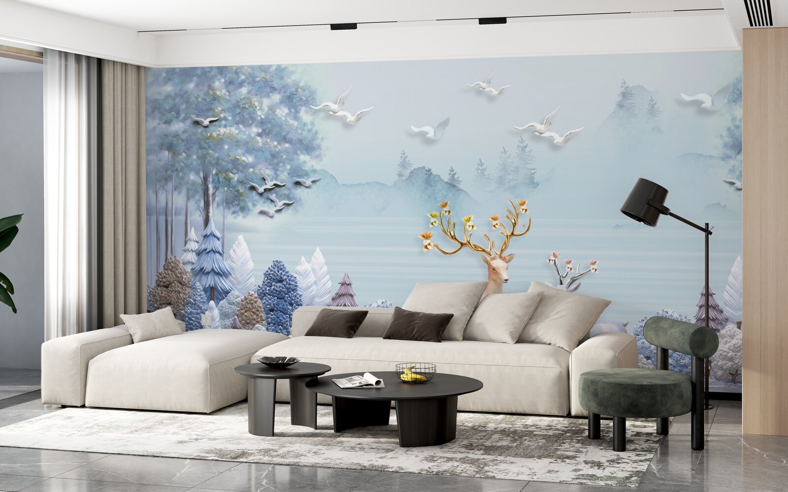 Fototapeta medzi stromami a horami sú jelene na pastvine