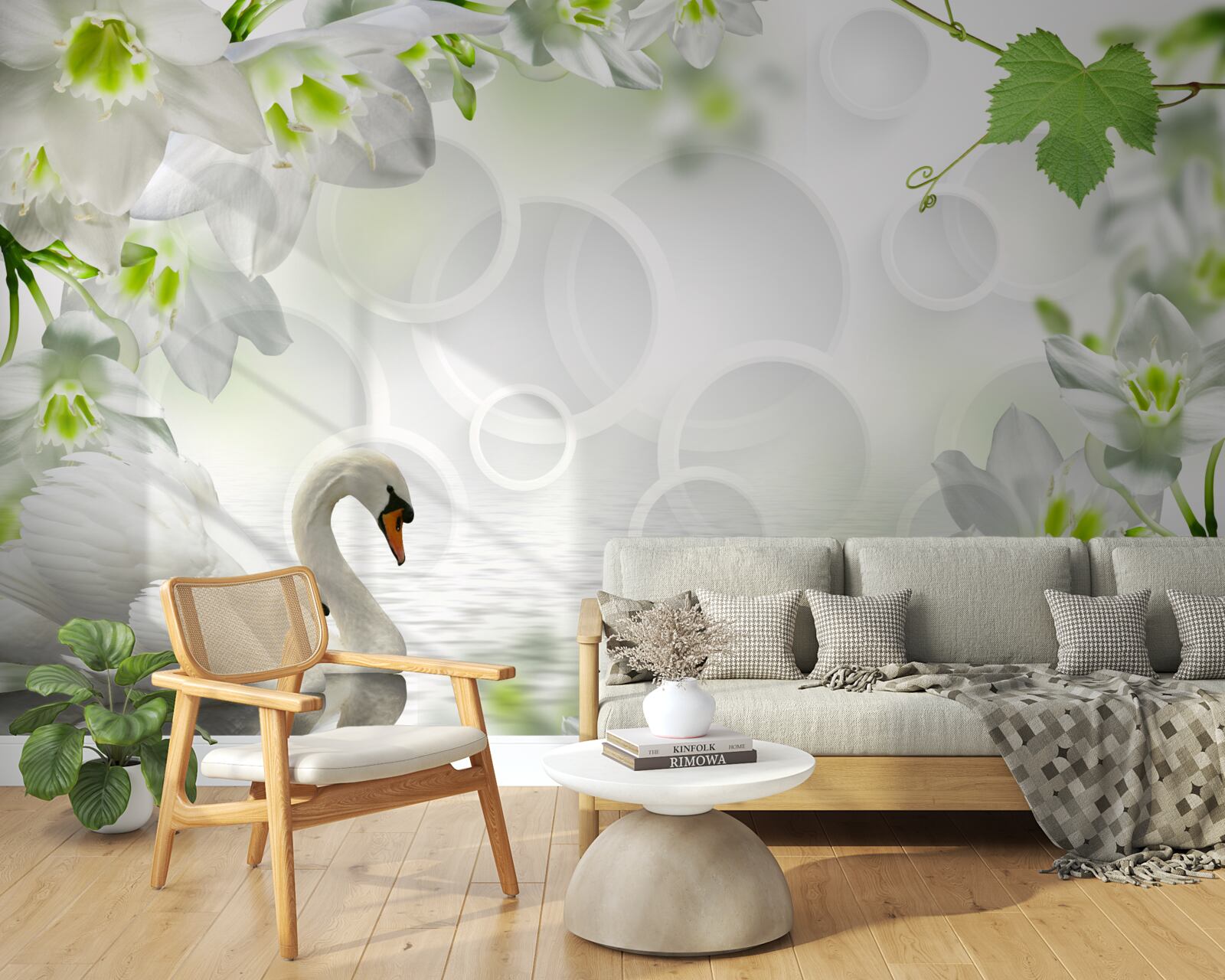 Fototapeta biele kvety na jazere medzi labuťami