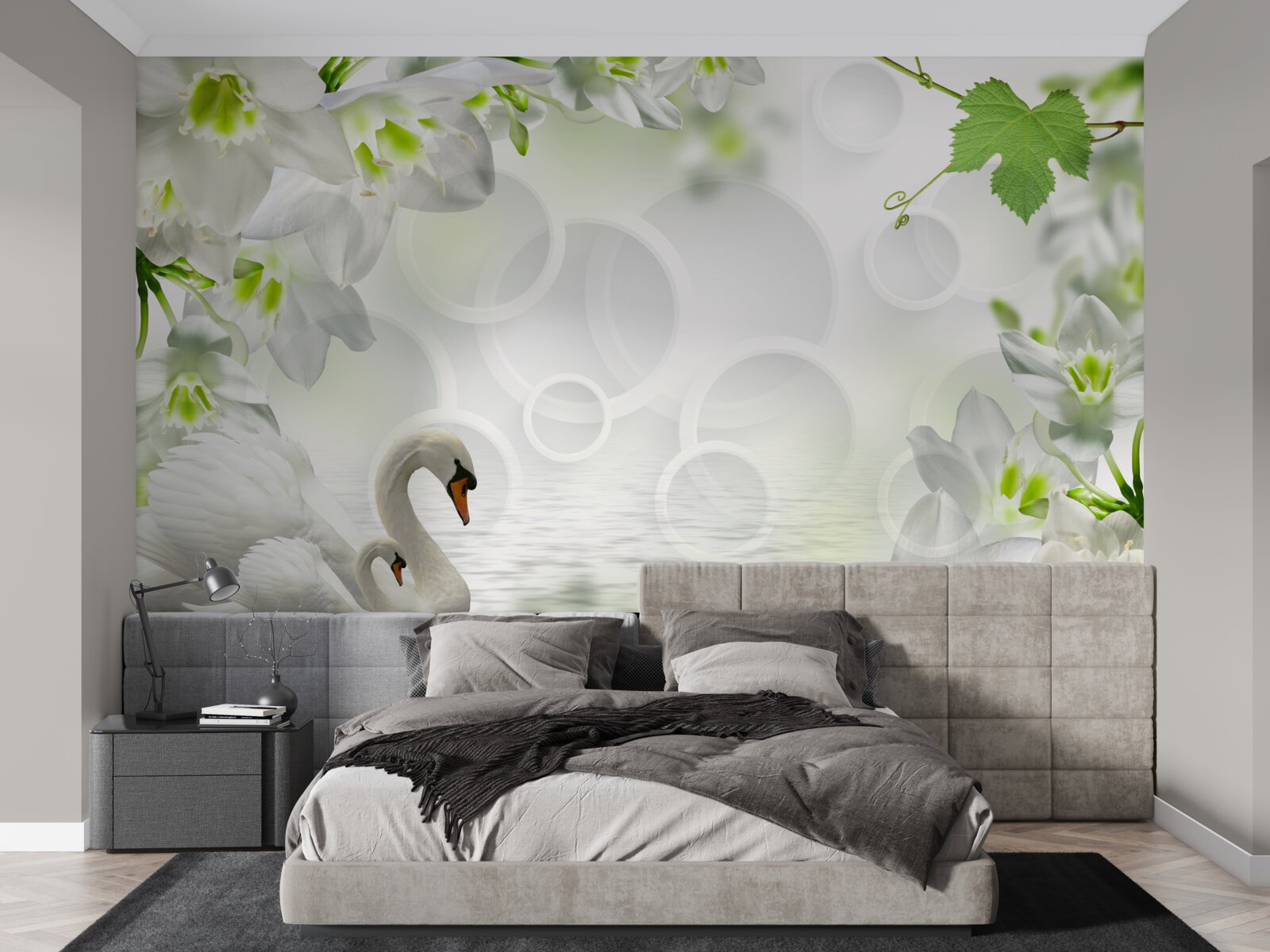 Fototapeta biele kvety na jazere medzi labuťami