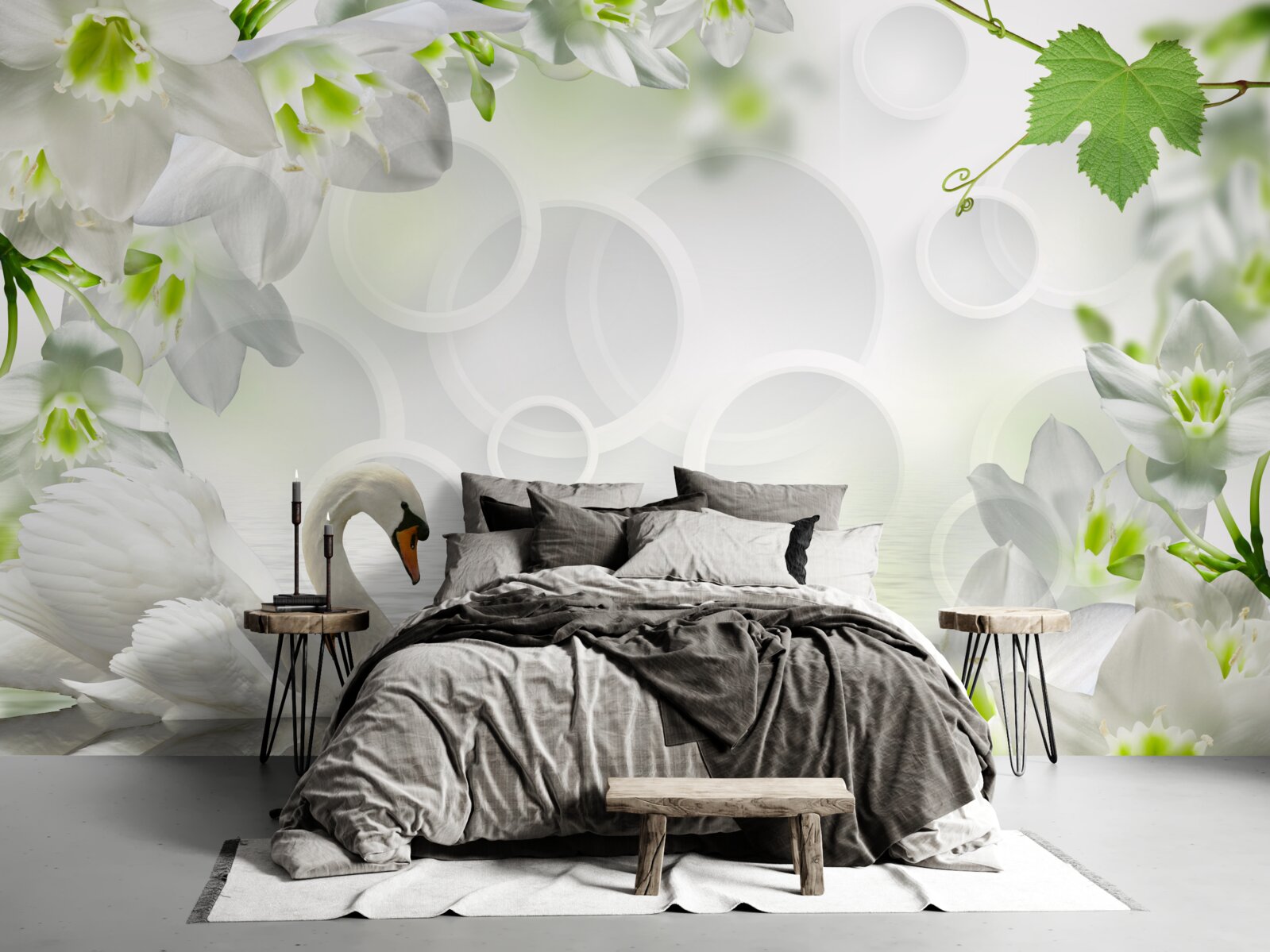 Fototapeta biele kvety na jazere medzi labuťami