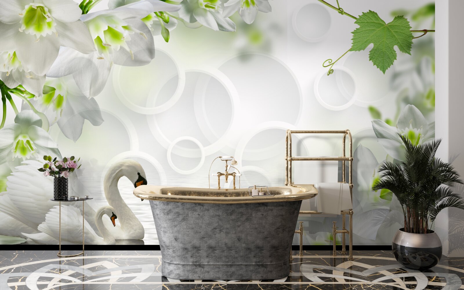 Fototapeta biele kvety na jazere medzi labuťami