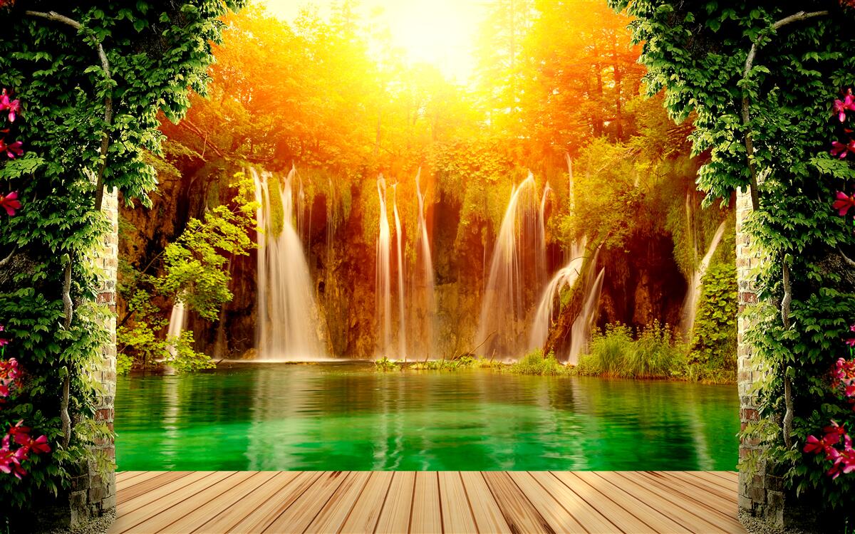 Fototapeta úžasný západ slnka pri padajúcom vodopáde