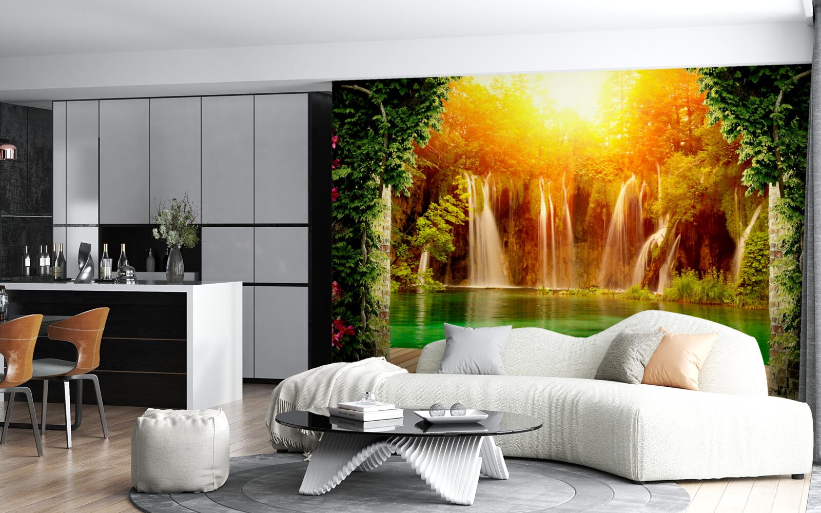 Fototapeta úžasný západ slnka pri padajúcom vodopáde