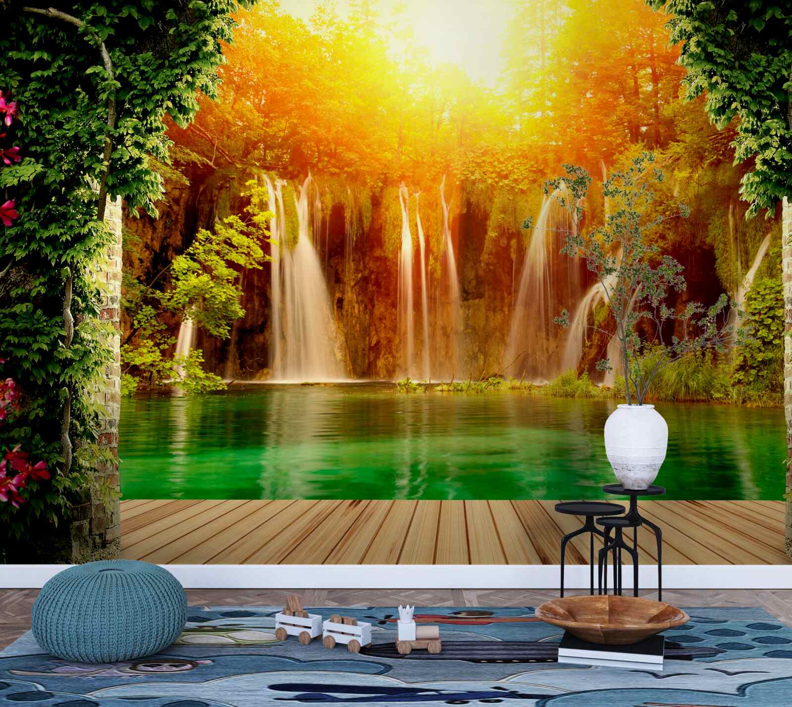 Fototapeta úžasný západ slnka pri padajúcom vodopáde