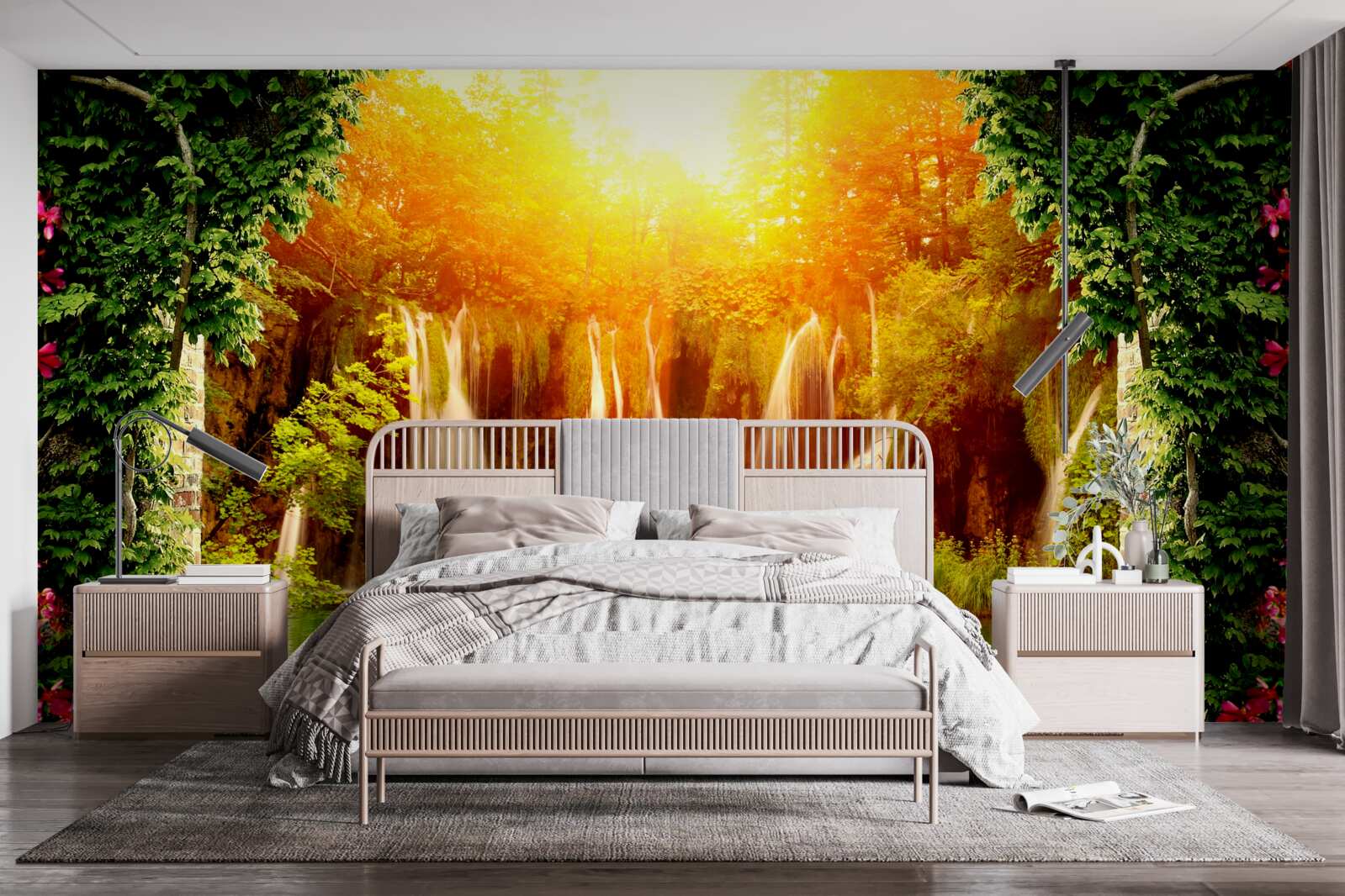 Fototapeta úžasný západ slnka pri padajúcom vodopáde