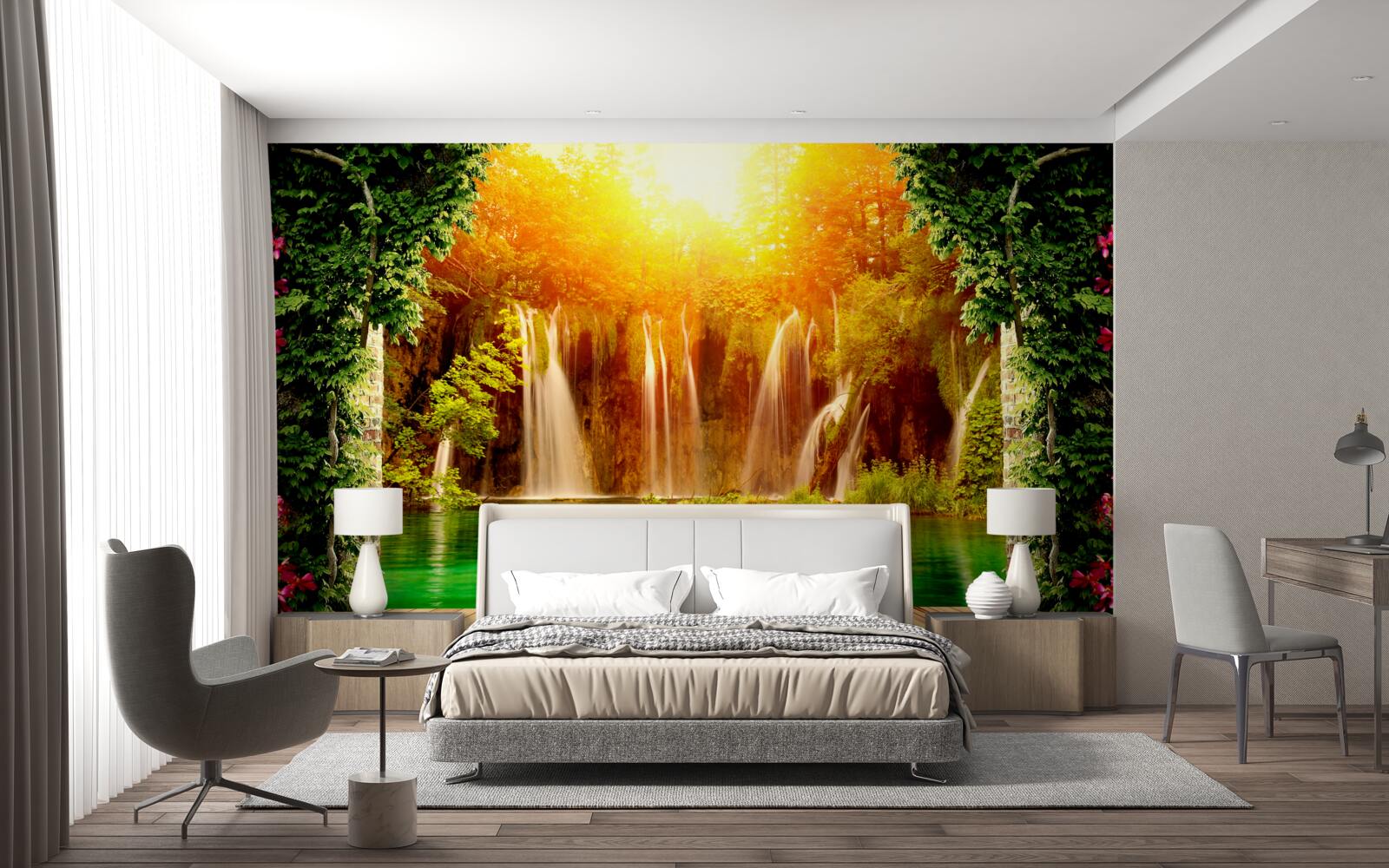 Fototapeta úžasný západ slnka pri padajúcom vodopáde