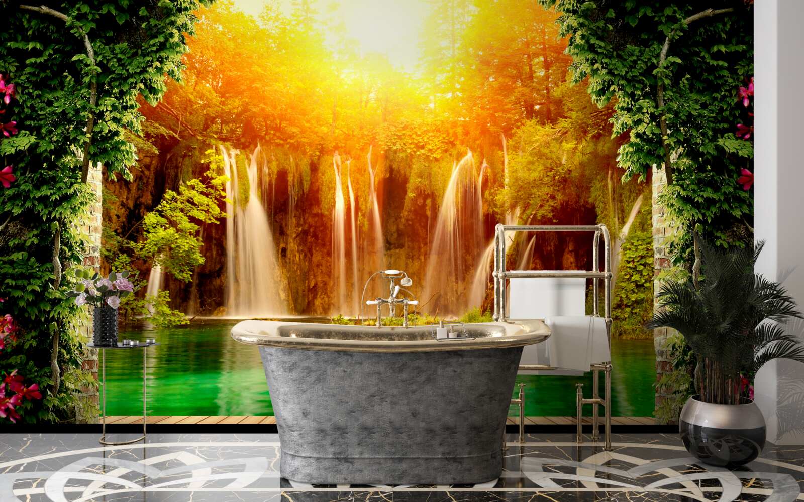 Fototapeta úžasný západ slnka pri padajúcom vodopáde