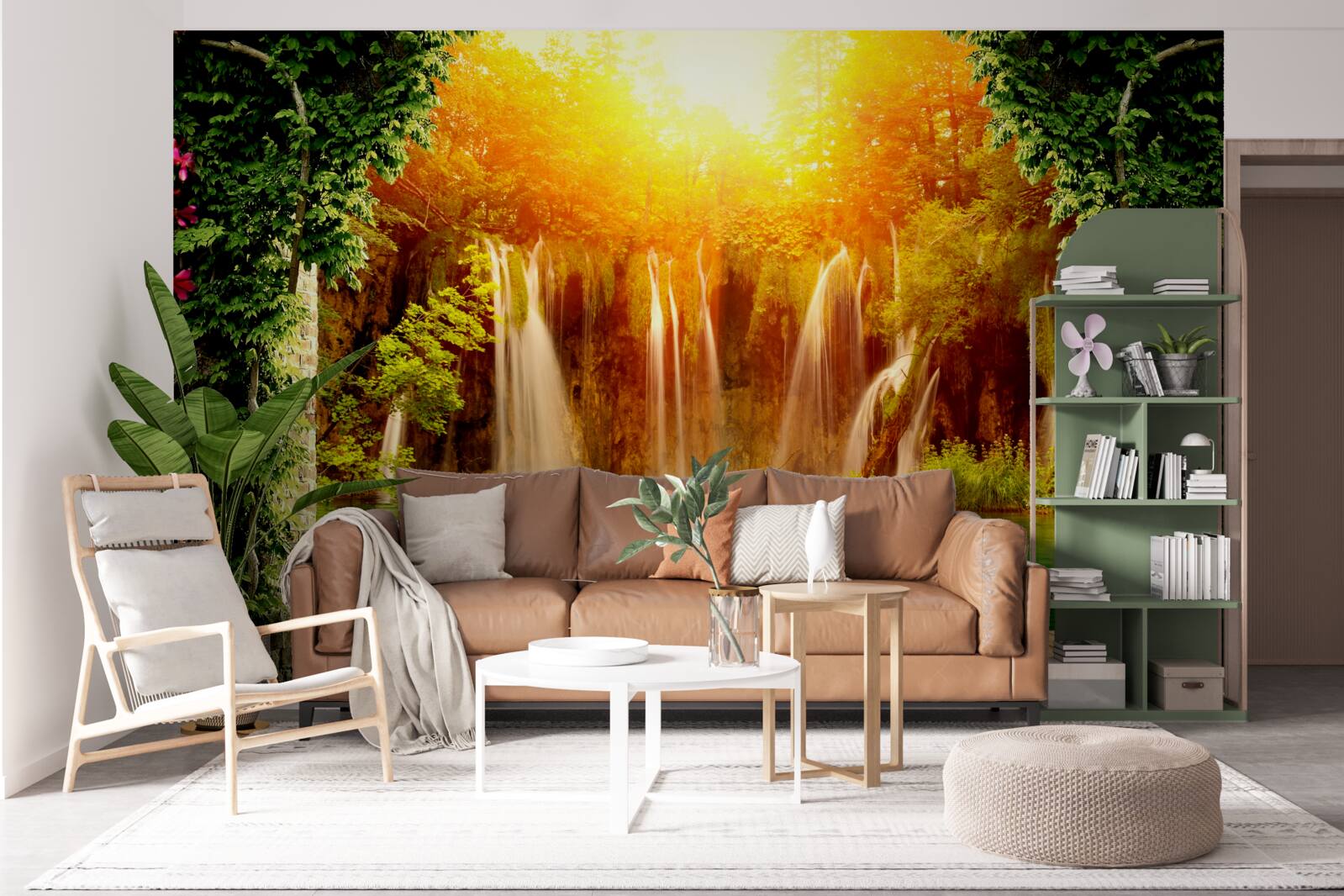 Fototapeta úžasný západ slnka pri padajúcom vodopáde