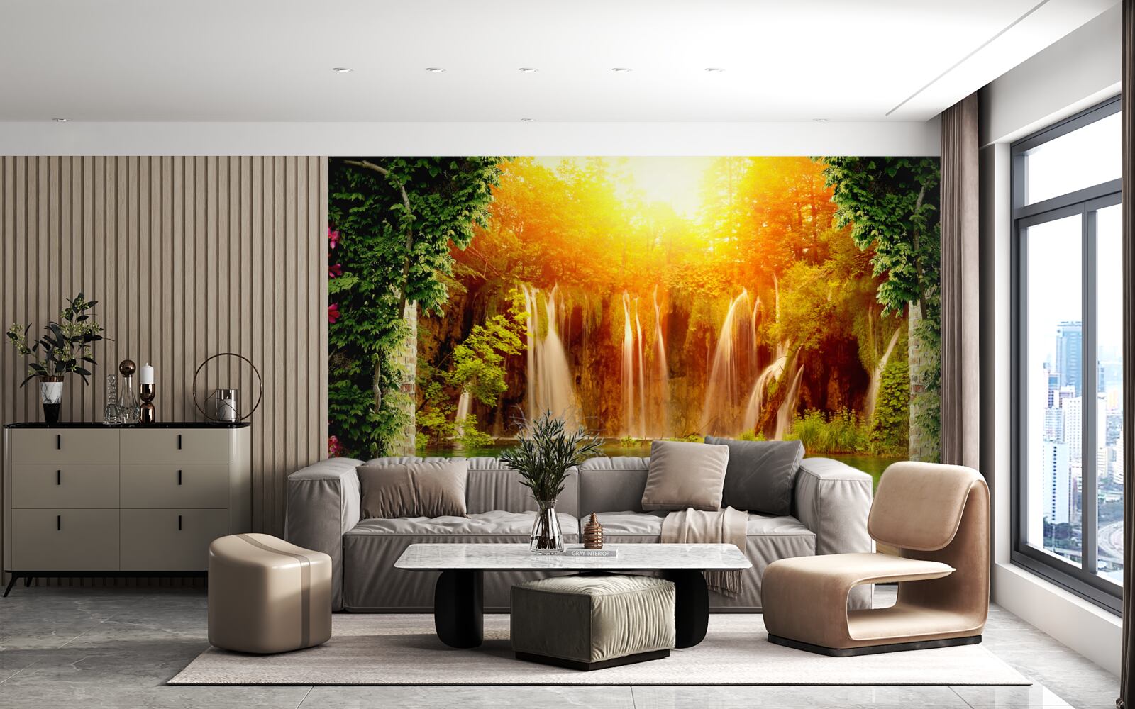 Fototapeta úžasný západ slnka pri padajúcom vodopáde