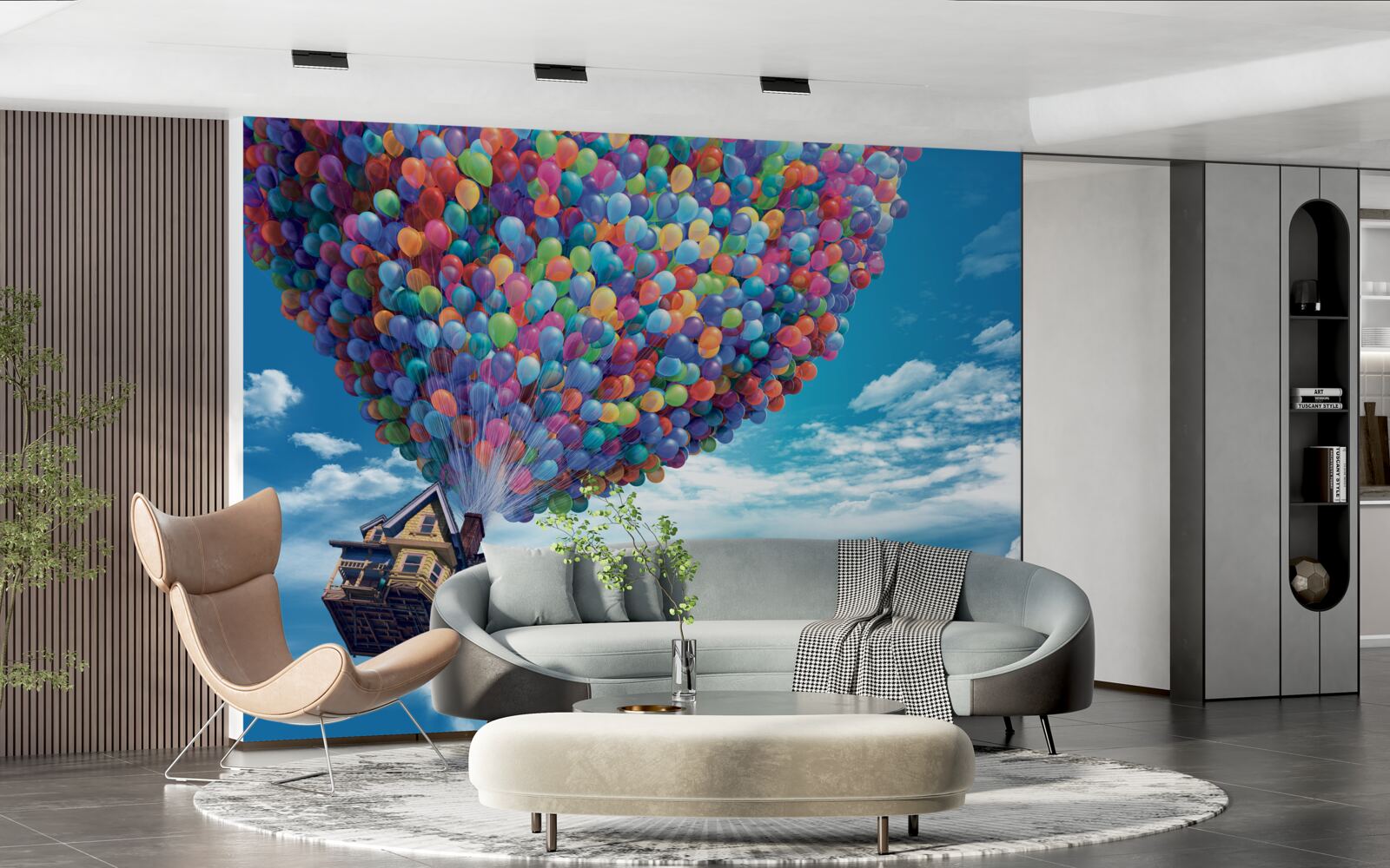 Fototapeta dom s mnohými lietajúcimi loptičkami