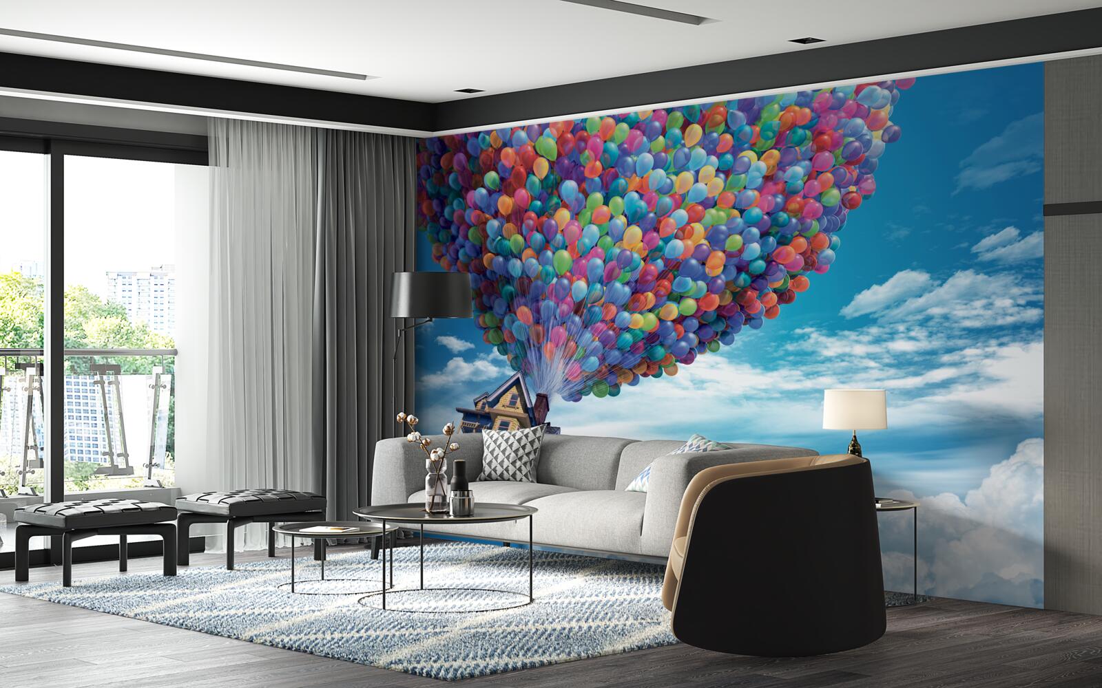 Fototapeta dom s mnohými lietajúcimi loptičkami