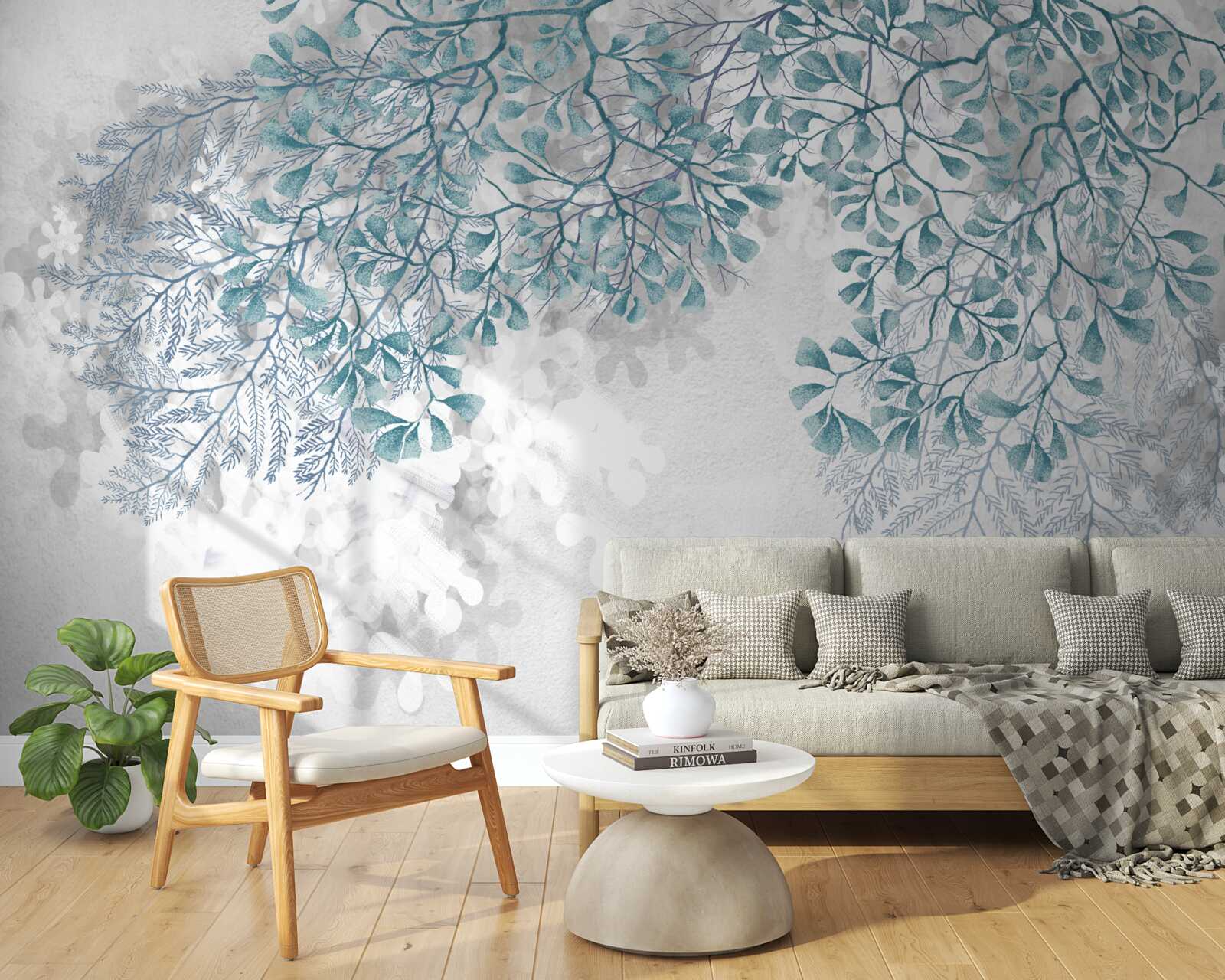 Fototapeta vetvy s tyrkysovými listami sú viditeľné na svetlom pozadí