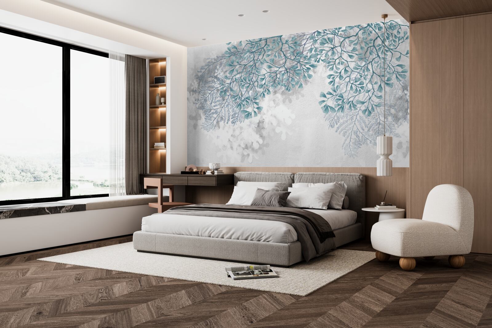 Fototapeta vetvy s tyrkysovými listami sú viditeľné na svetlom pozadí