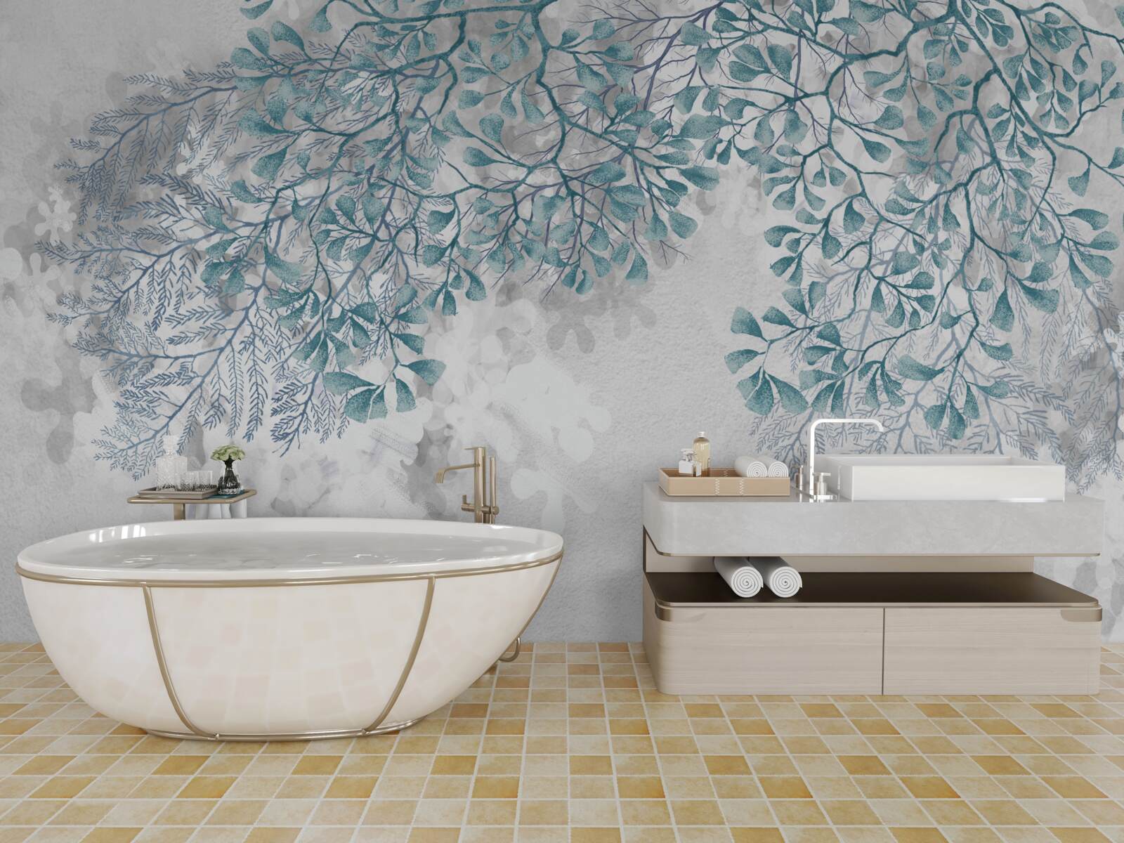 Fototapeta vetvy s tyrkysovými listami sú viditeľné na svetlom pozadí