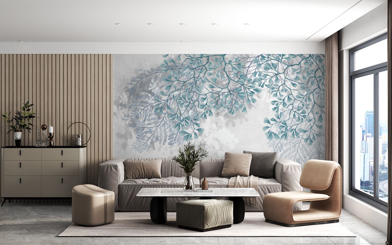 Fototapeta vetvy s tyrkysovými listami sú viditeľné na svetlom pozadí