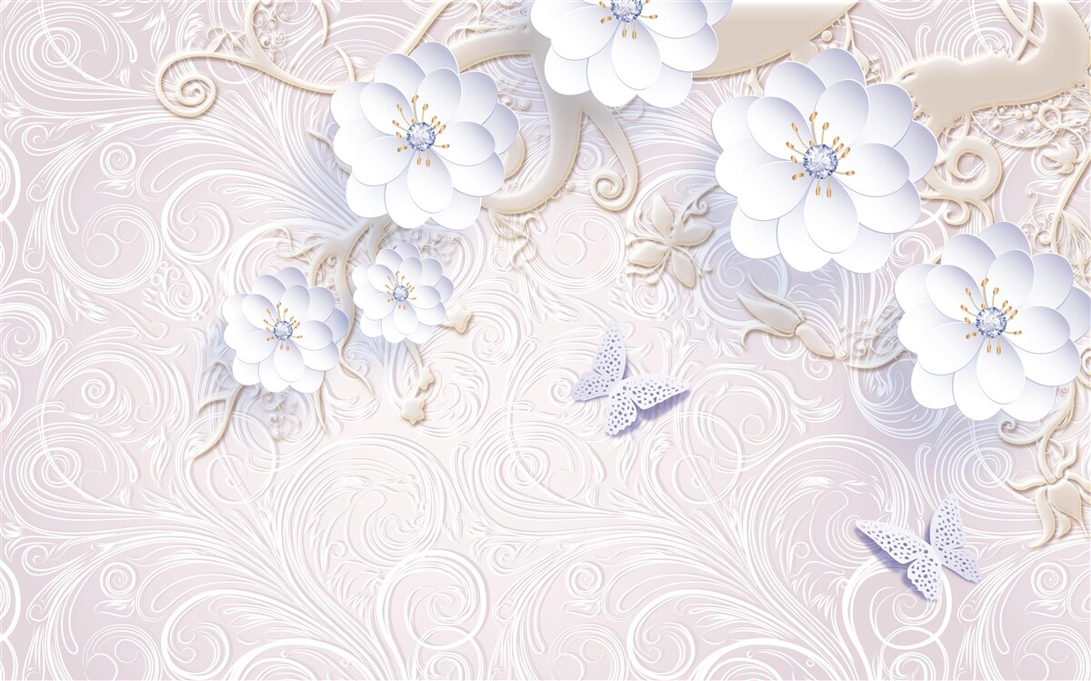 Fototapeta vo vzduchu sa vznášajú snehobiele kvety a motýle