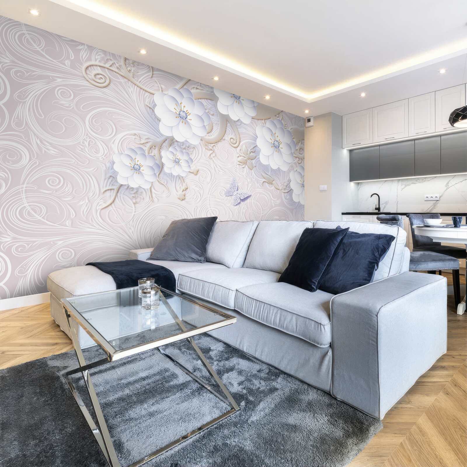 Fototapeta vo vzduchu sa vznášajú snehobiele kvety a motýle