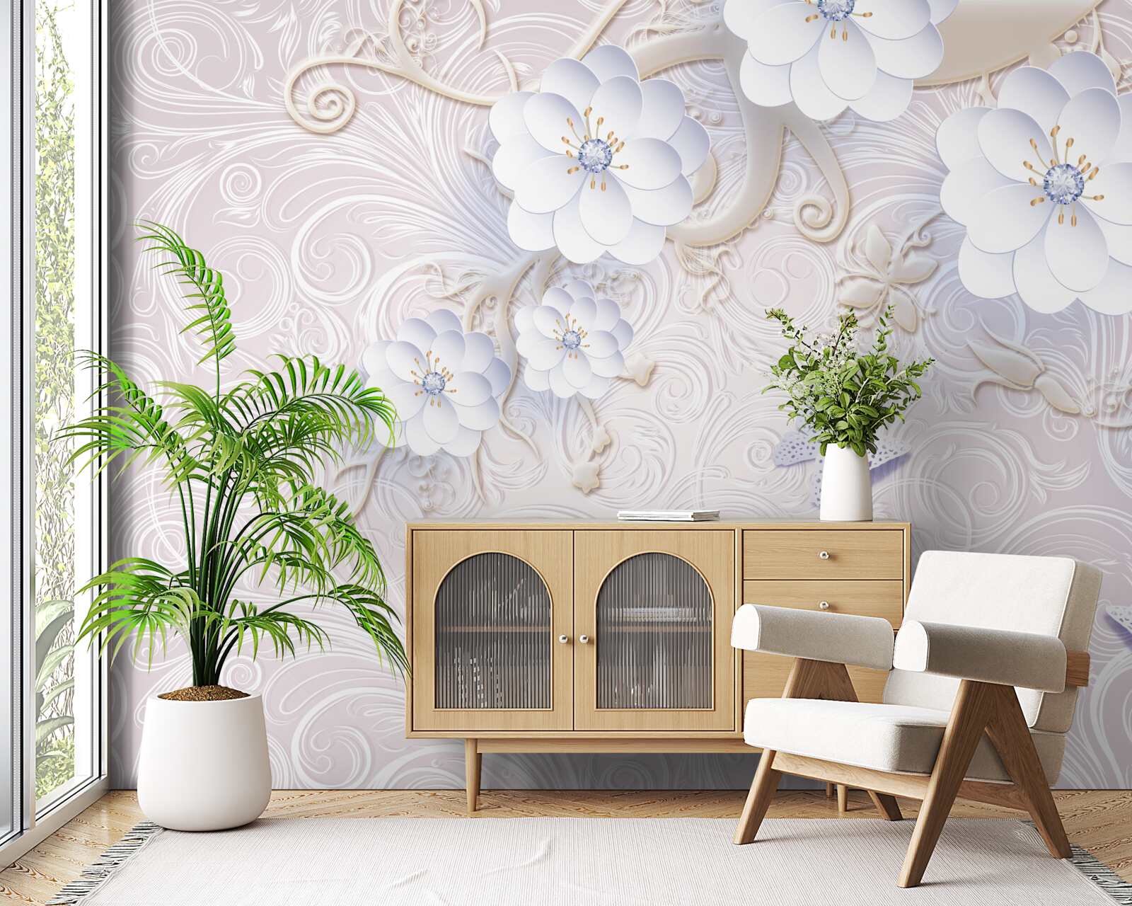 Fototapeta vo vzduchu sa vznášajú snehobiele kvety a motýle