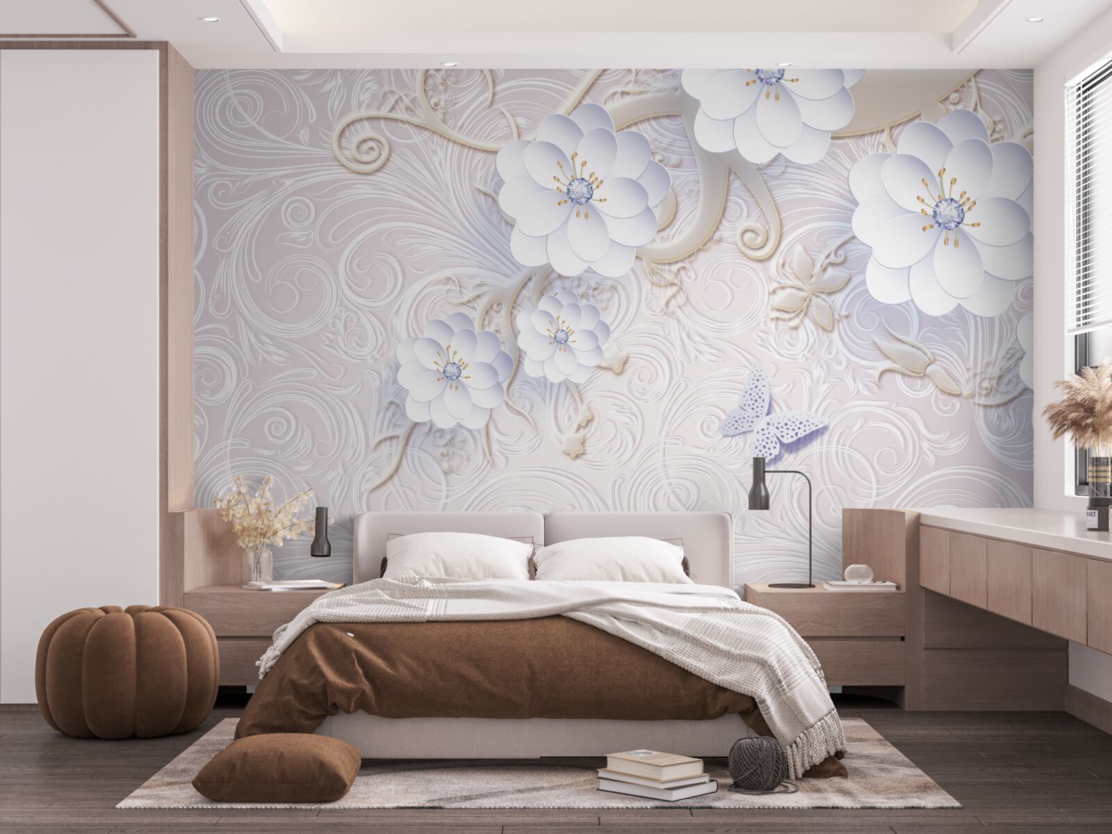 Fototapeta vo vzduchu sa vznášajú snehobiele kvety a motýle