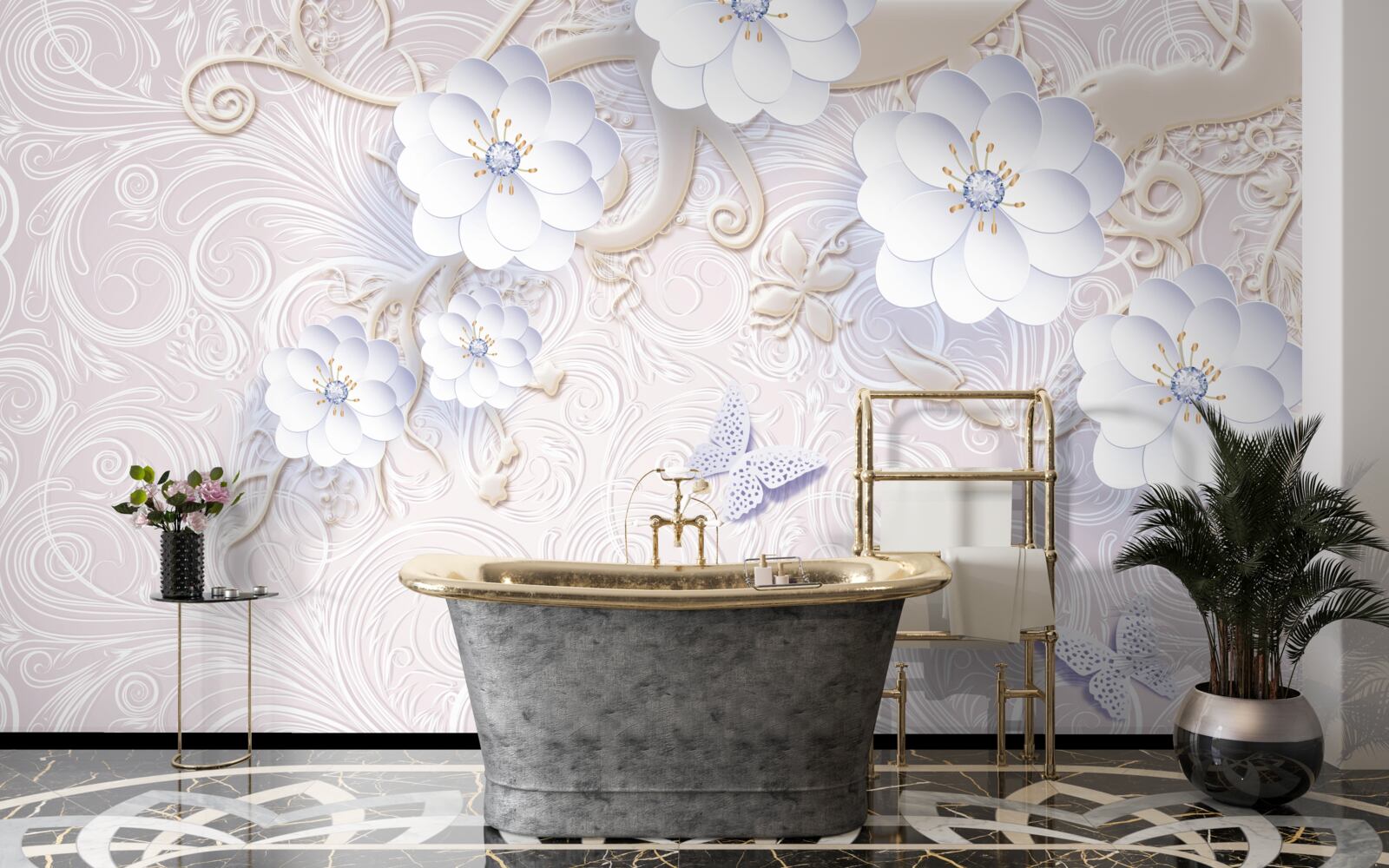 Fototapeta vo vzduchu sa vznášajú snehobiele kvety a motýle