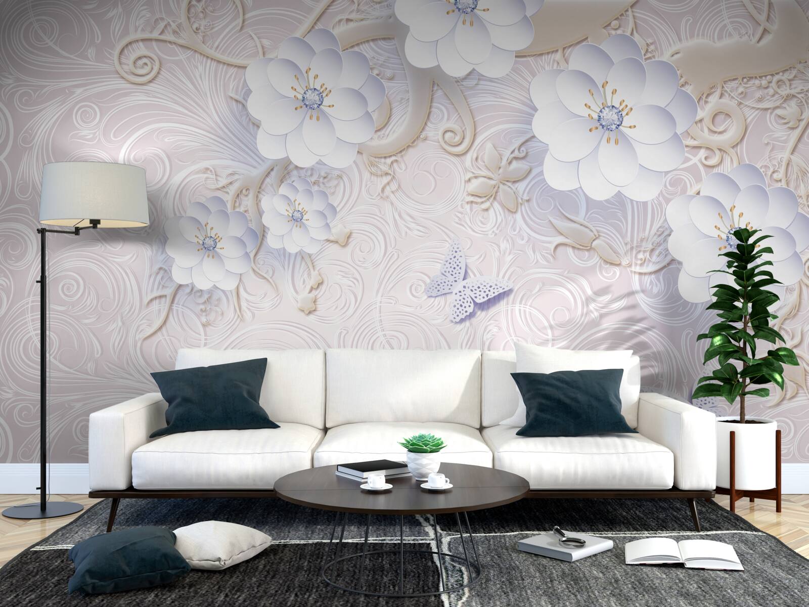 Fototapeta vo vzduchu sa vznášajú snehobiele kvety a motýle