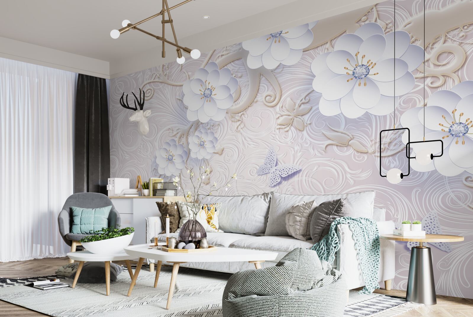 Fototapeta vo vzduchu sa vznášajú snehobiele kvety a motýle