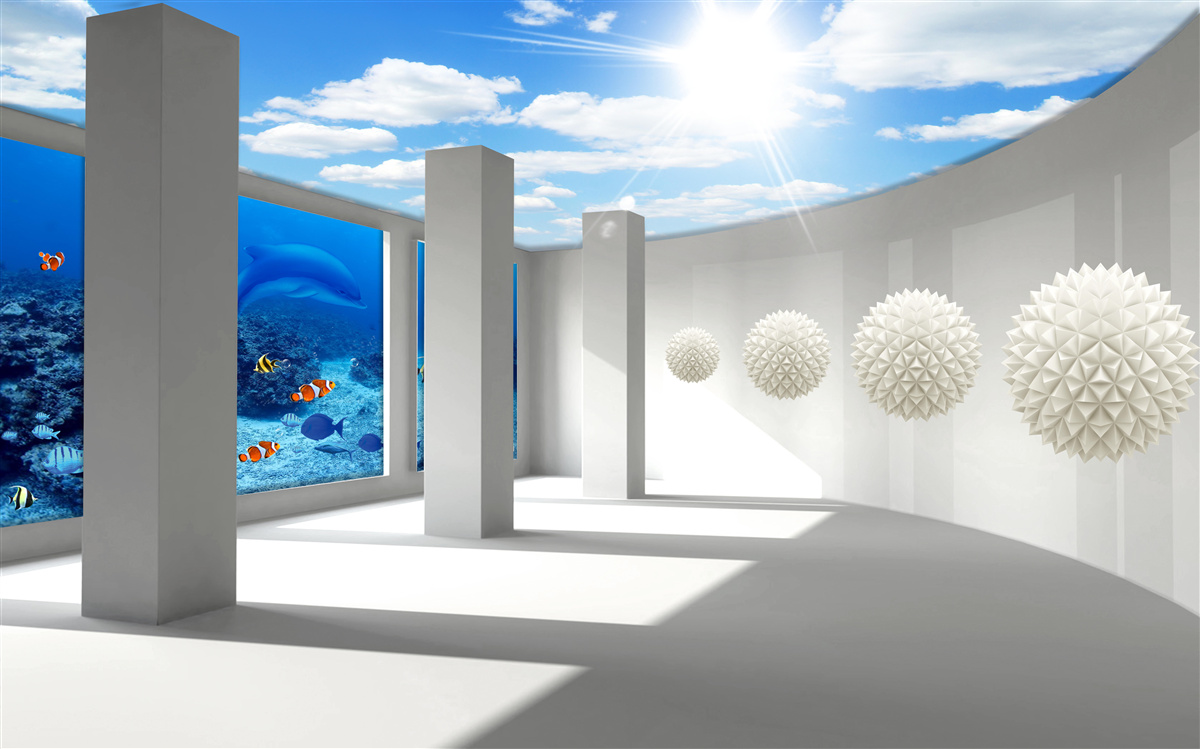 Fototapeta Snehobiele gule krúžia okolo akvária pod nebeskou klenbou