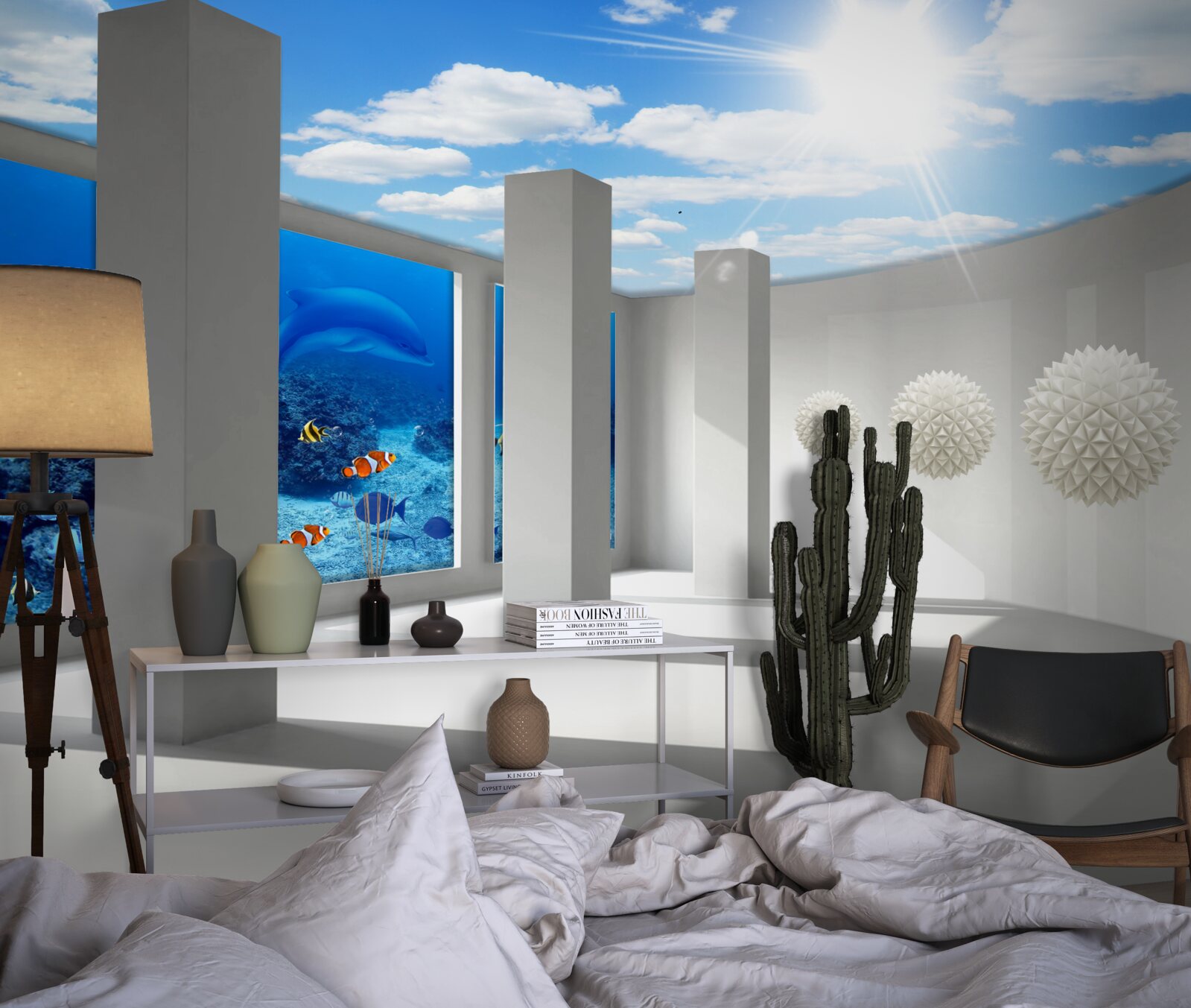 Fototapeta Snehobiele gule krúžia okolo akvária pod nebeskou klenbou