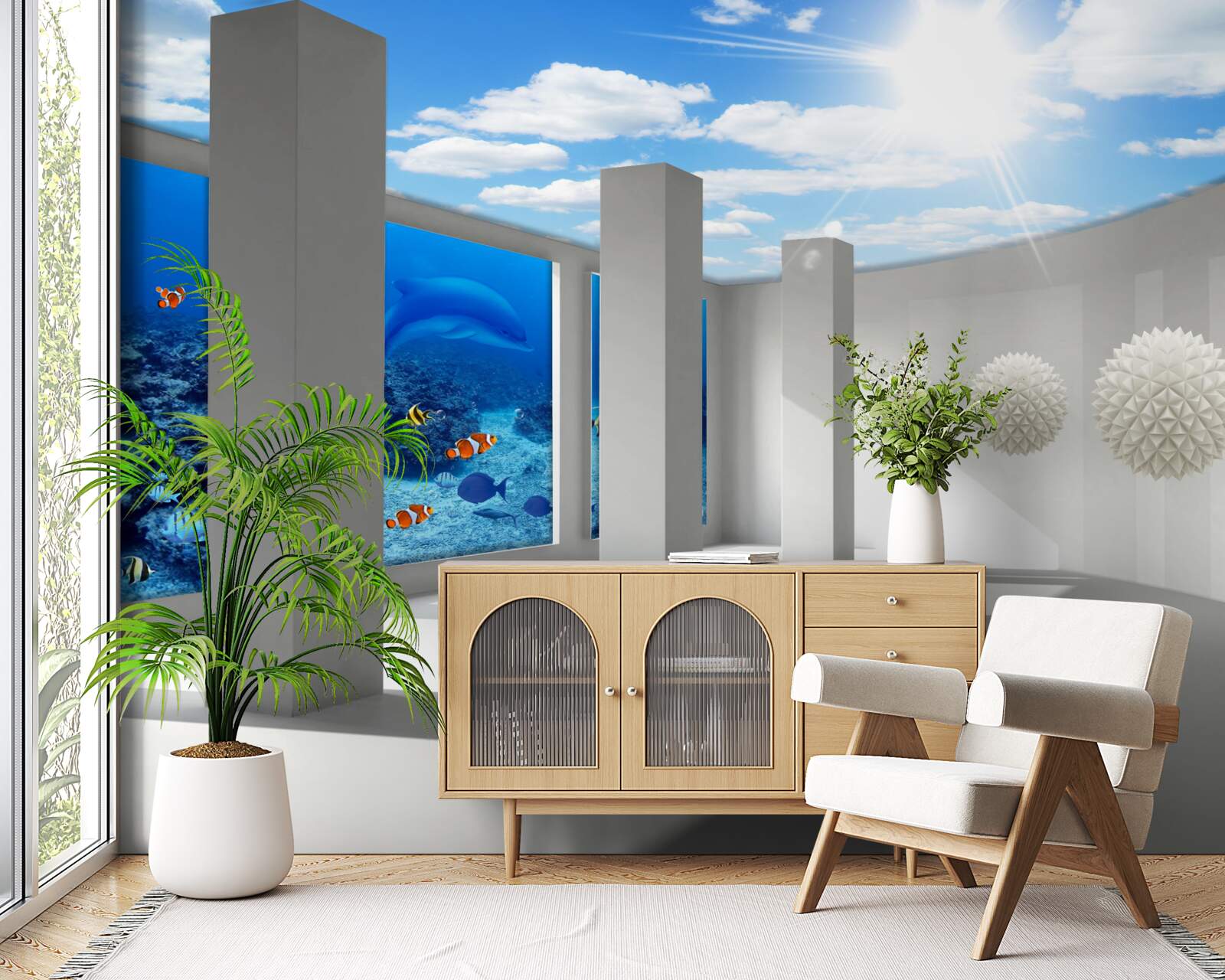 Fototapeta Snehobiele gule krúžia okolo akvária pod nebeskou klenbou