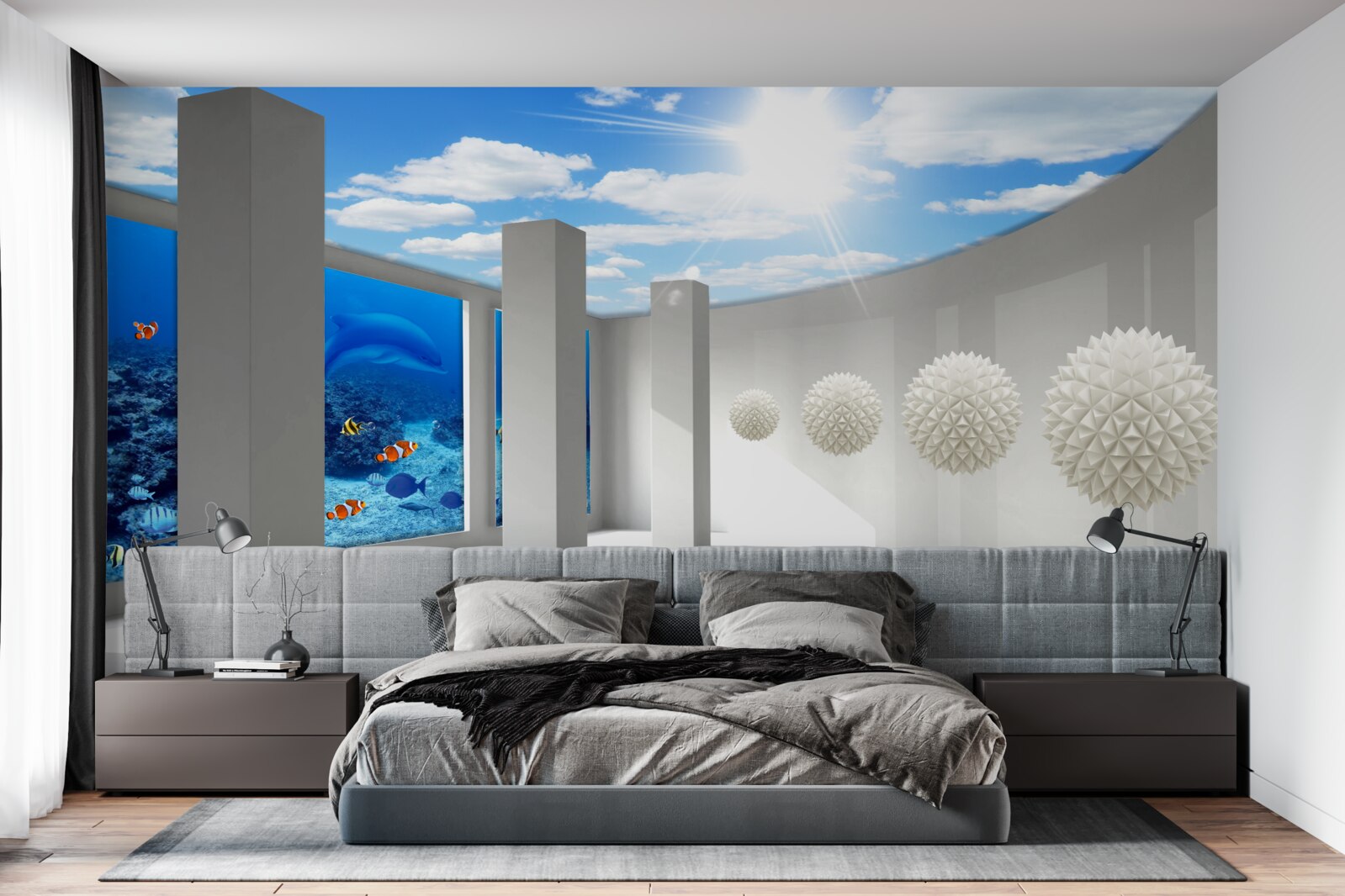 Fototapeta Snehobiele gule krúžia okolo akvária pod nebeskou klenbou