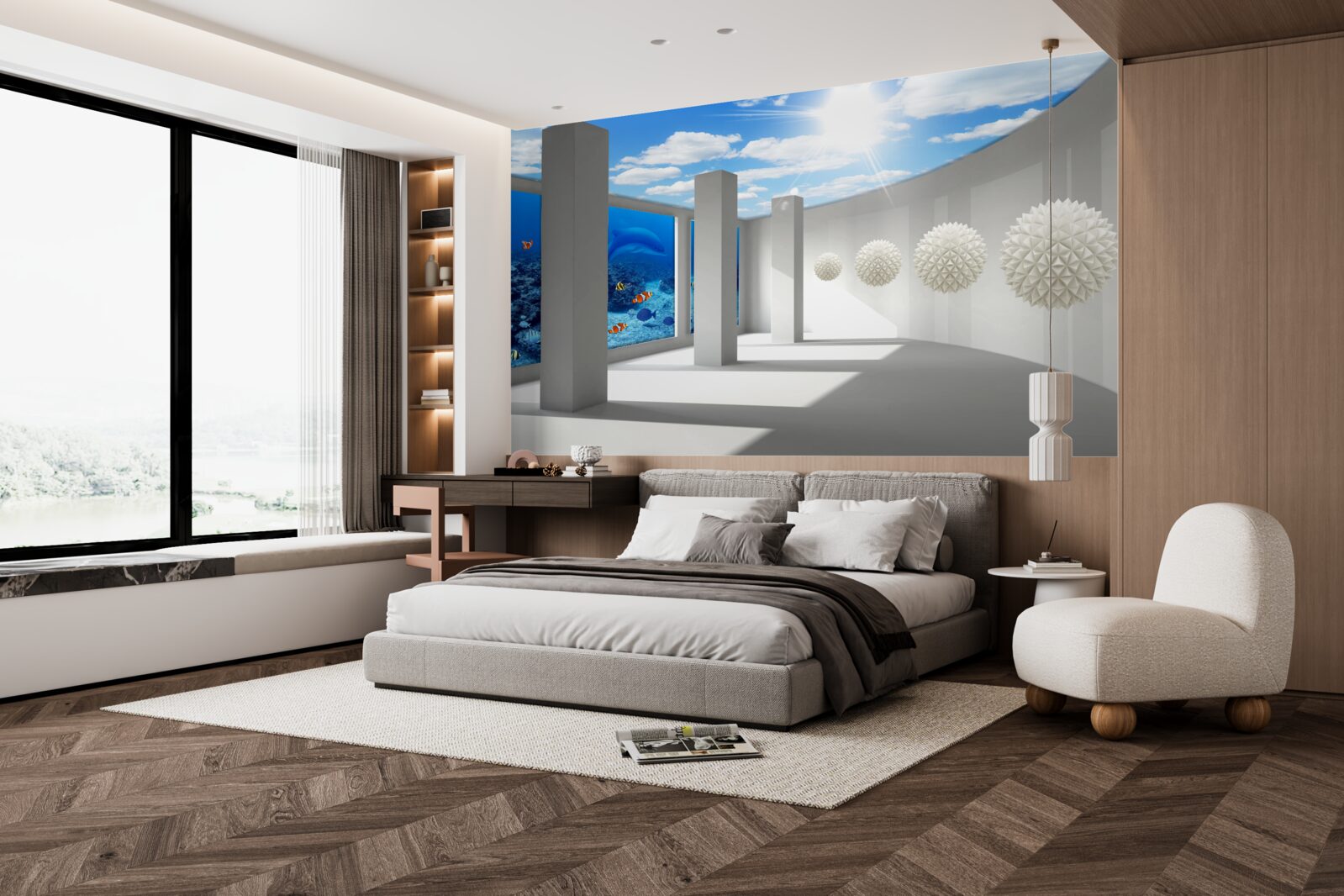 Fototapeta Snehobiele gule krúžia okolo akvária pod nebeskou klenbou