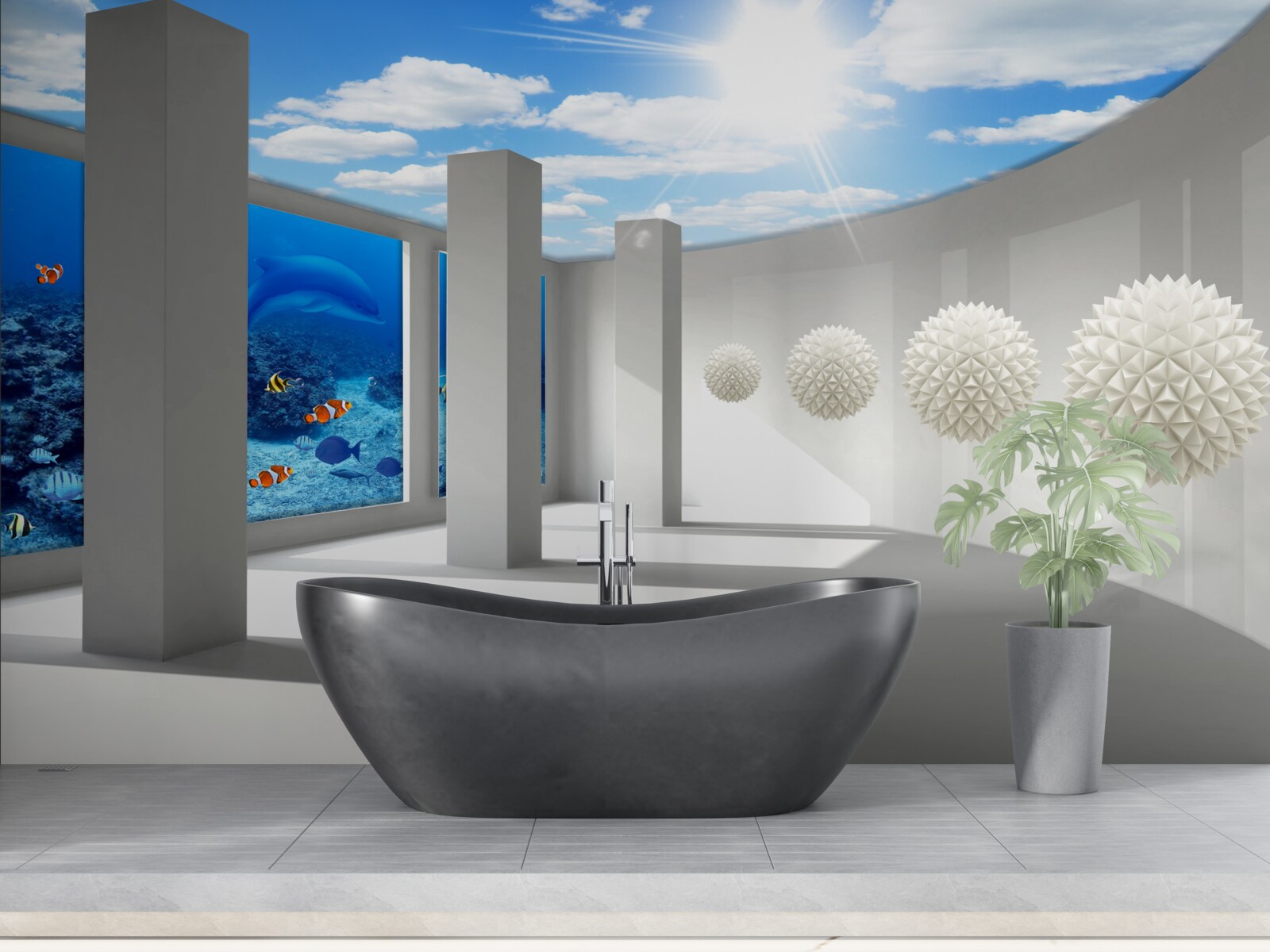 Fototapeta Snehobiele gule krúžia okolo akvária pod nebeskou klenbou