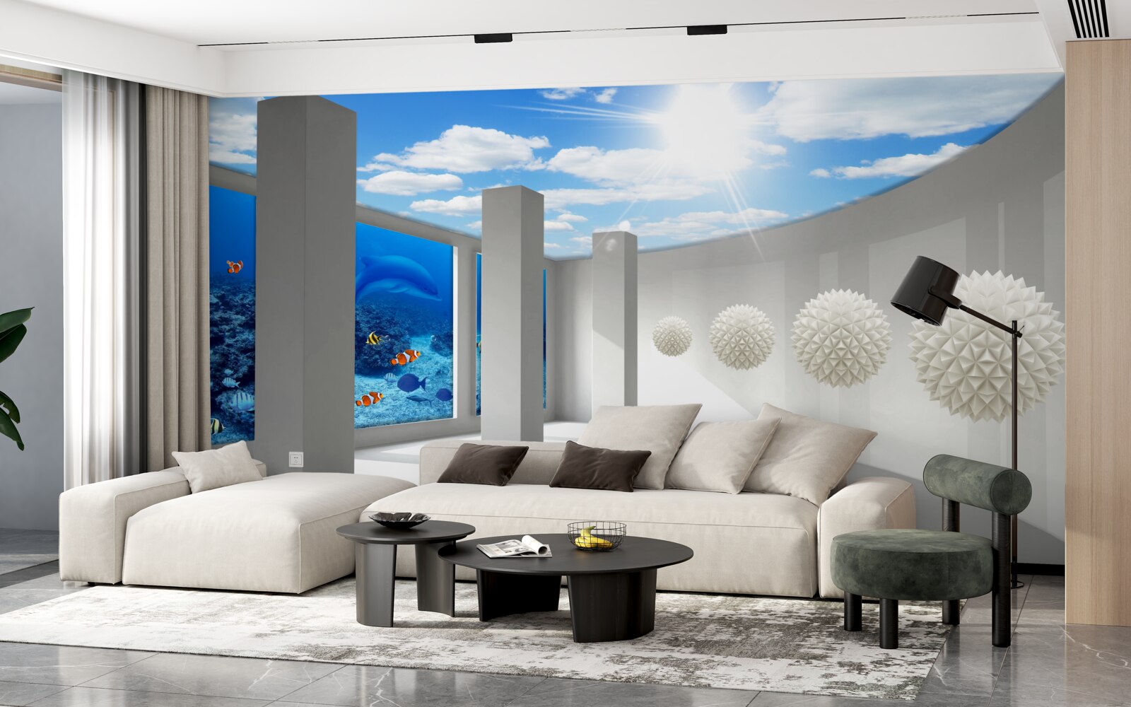 Fototapeta Snehobiele gule krúžia okolo akvária pod nebeskou klenbou