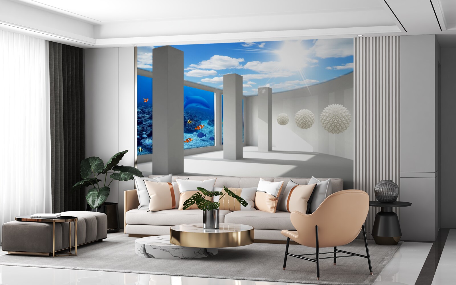 Fototapeta Snehobiele gule krúžia okolo akvária pod nebeskou klenbou