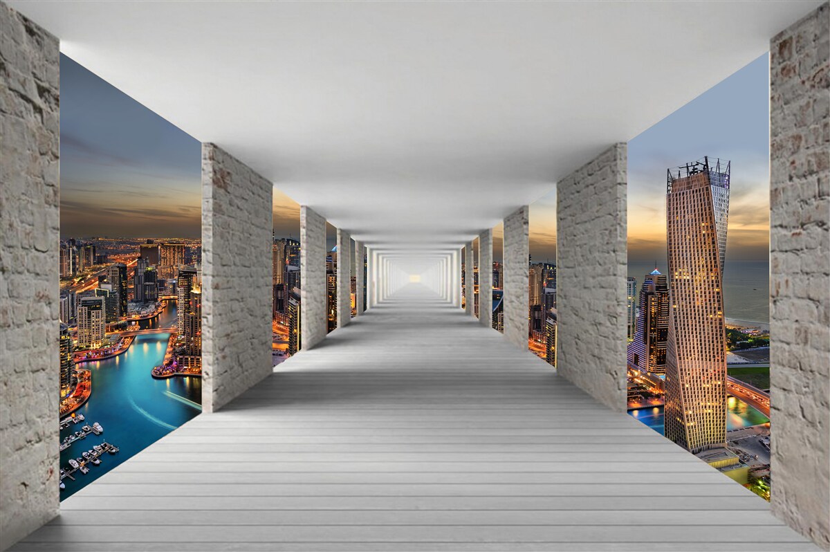 Fototapeta 3D galéria nad mestskými budovami